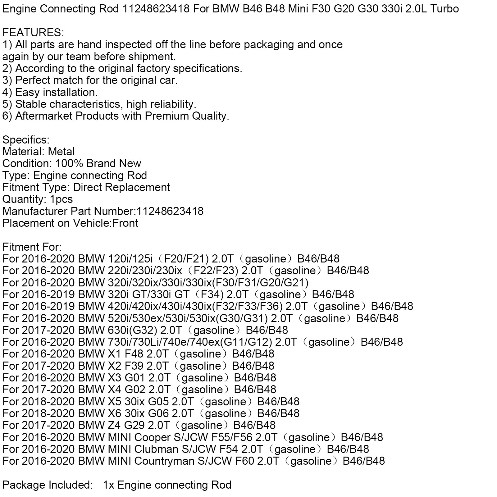 Bielle de connexion en moteur 11248623418 pour BMW B46 B48 MINI F30 G20 G30 330I 2.0L