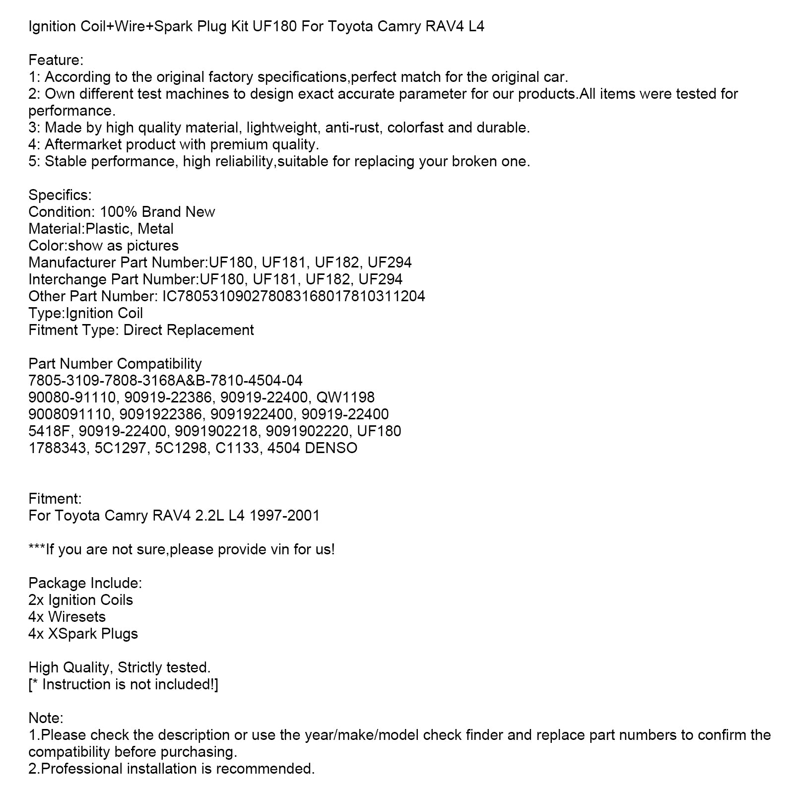 Toyota Camry RAV4 L4 Tändspole+tråd+tändstift Kit UF180