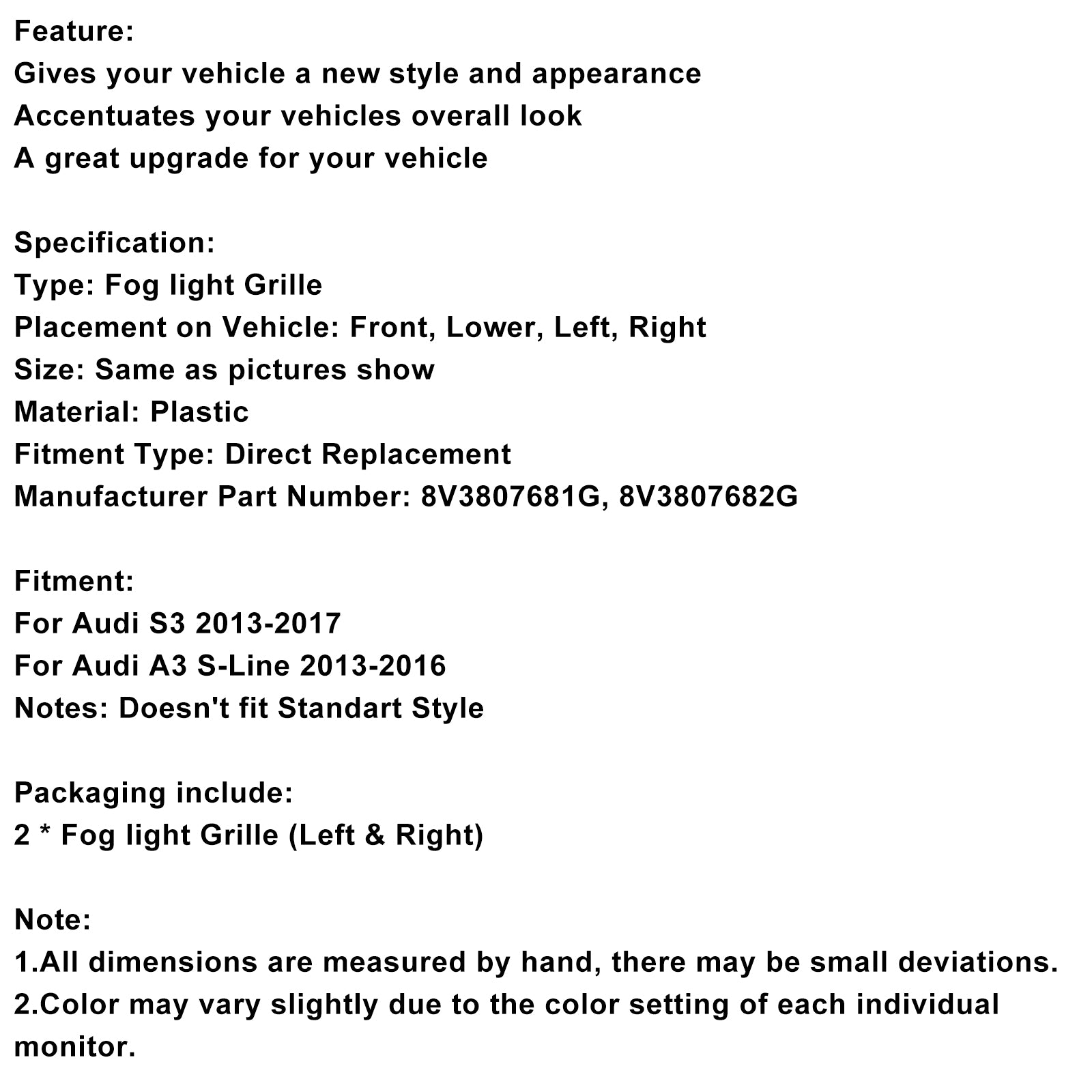 2013-2016 AUDI A3 S3 S-Line Front Lower Bumper Fog Light Cover Grill 8V3807682G 8V3807681G