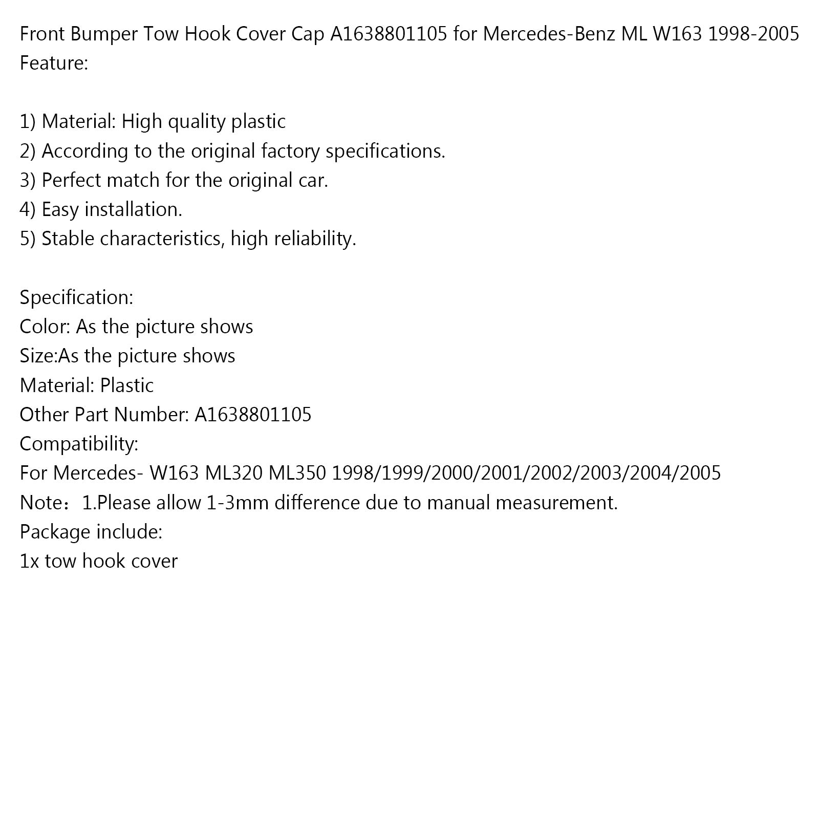 Dragkroksskydd för bakre stötfångare A1638801105 för Mercedes-Benz ML W163 1998-2005