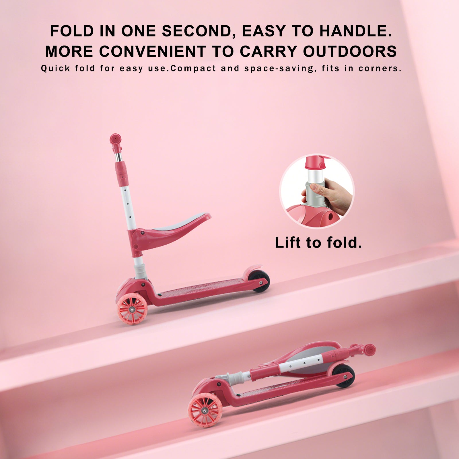 2-in-1 Kids Scooter Foldable Seat Light 3 Wheel Adjustable Folding Bar Blue/Pink