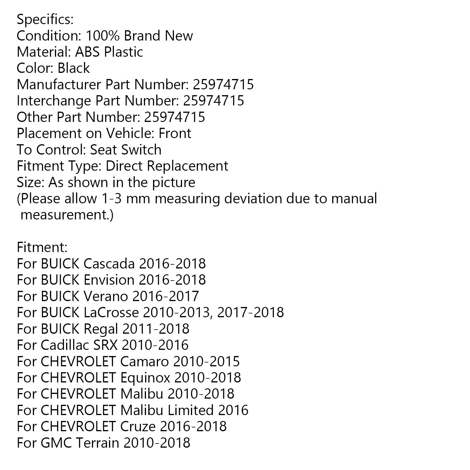 Interruptor frontal do assento direito para o interruptor do assento elétrico direito para a frente para Cadillac SRX Buick Chevrolet GMC 25974715 Power
