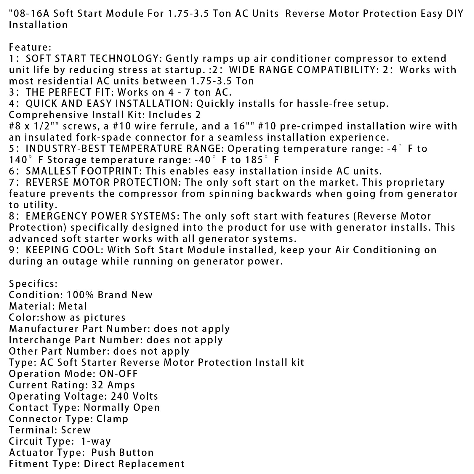 08-16A Soft Start Module For 1.75-3.5 Ton AC Units Reverse Motor Protection