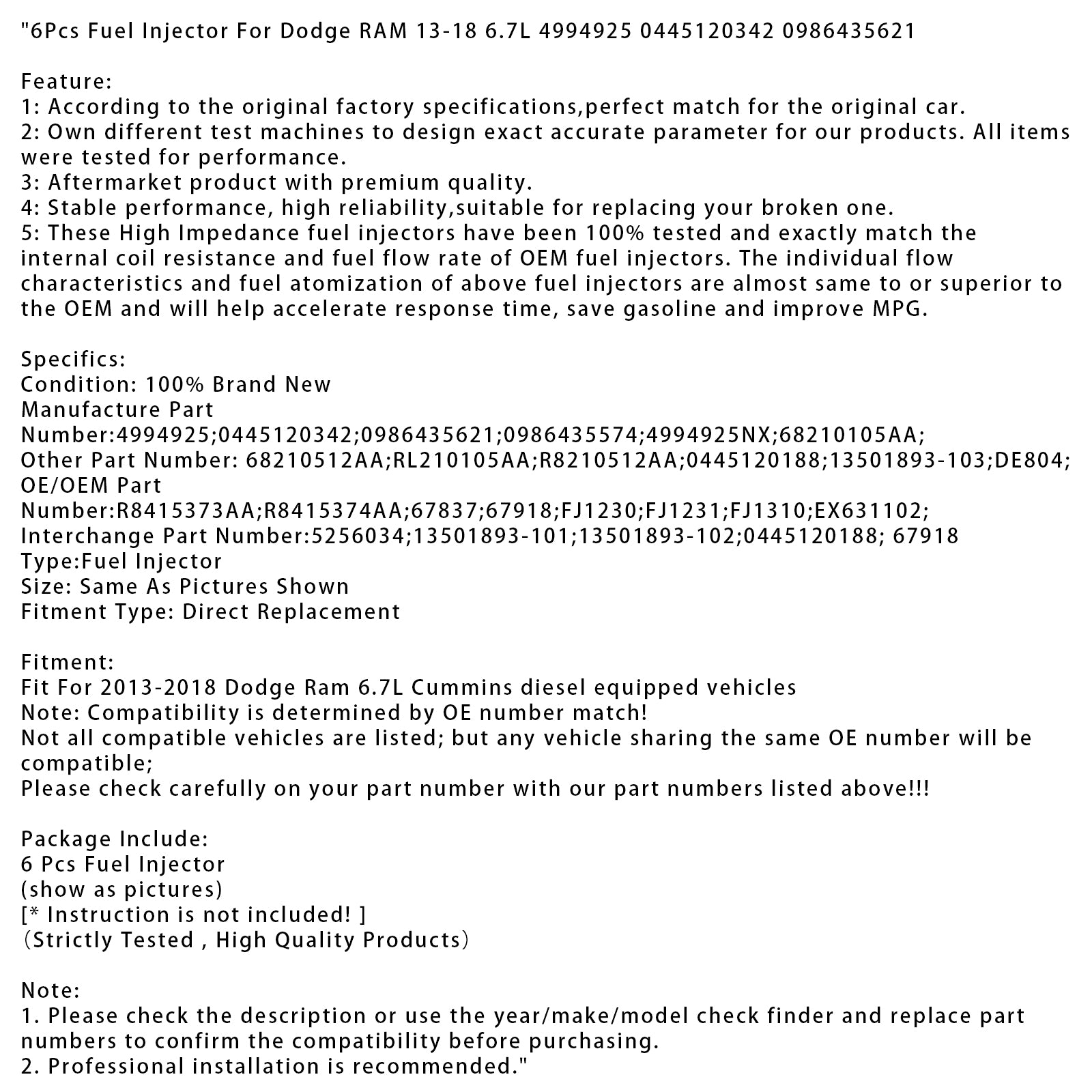 6Pcs Fuel Injector For Dodge RAM 13-18 6.7L 4994925 0445120342 0986435621