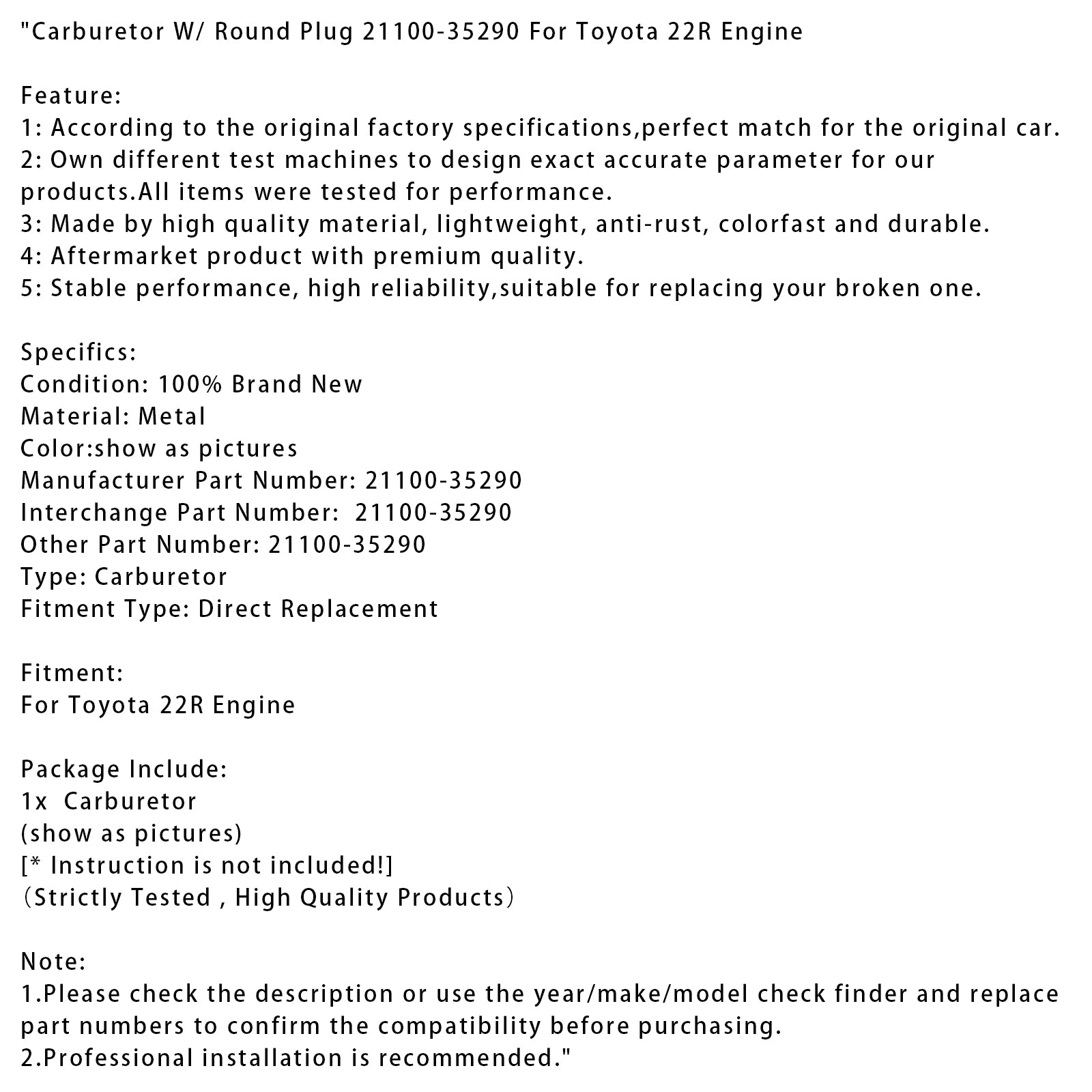Förgasare med rund plugg 21100-35290 för Toyota 22R motor