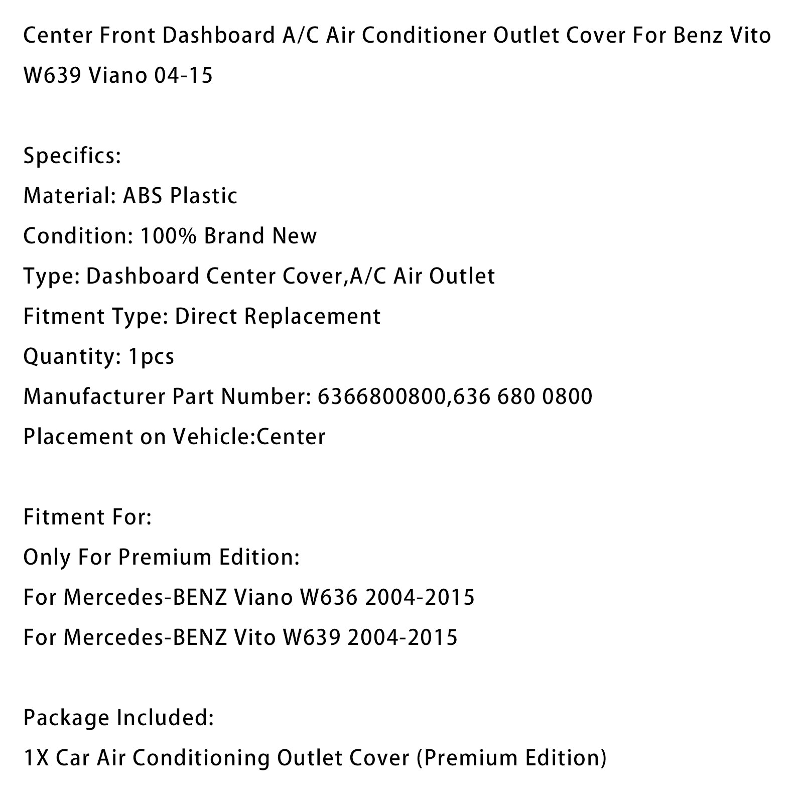 AC Dashboard Center Dash Air Vent For Mercedes-Benz W639 Vito Viano 04-15