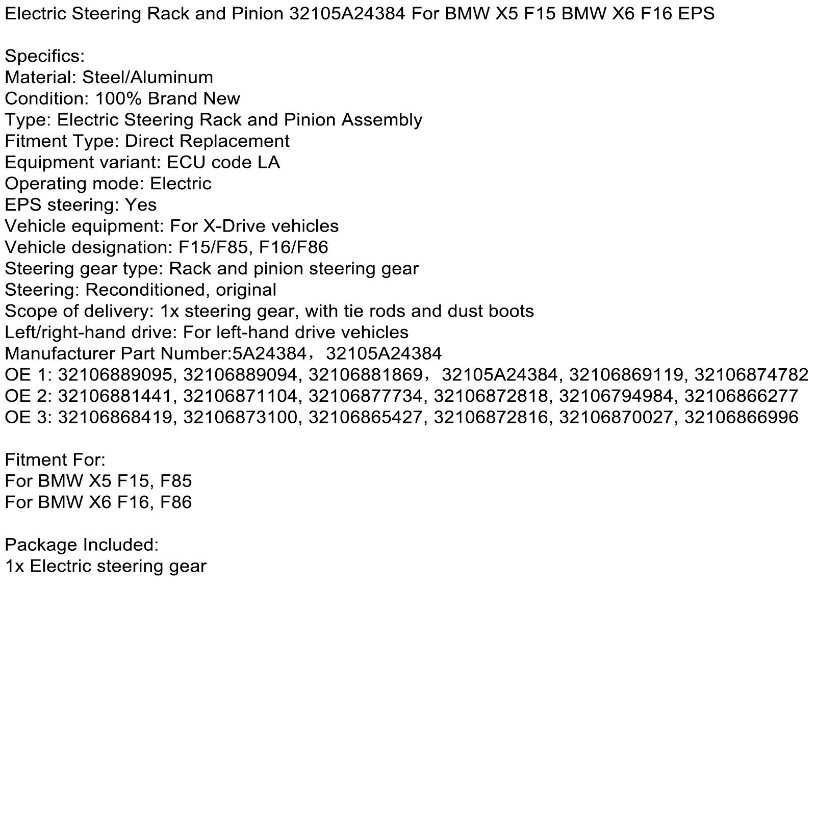 Elektrisk styringsstativ og pinion 32105A24384 for BMW x5 F15 BMW x6 F16 EPS