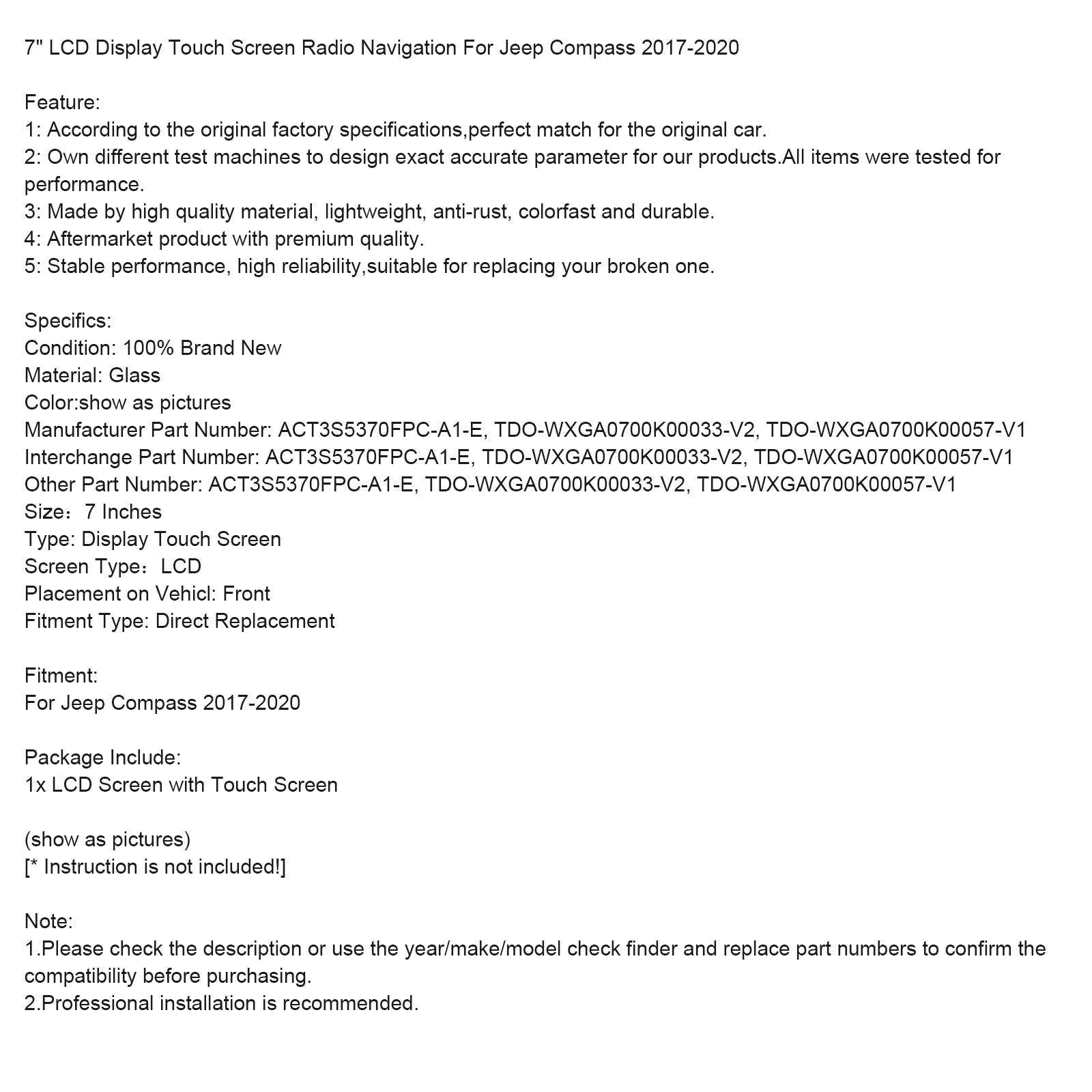 Jeep Compass 2017-2020 7" Rádio navegação com tela sensível ao toque LCD ACT3S5370FPC-A1-E