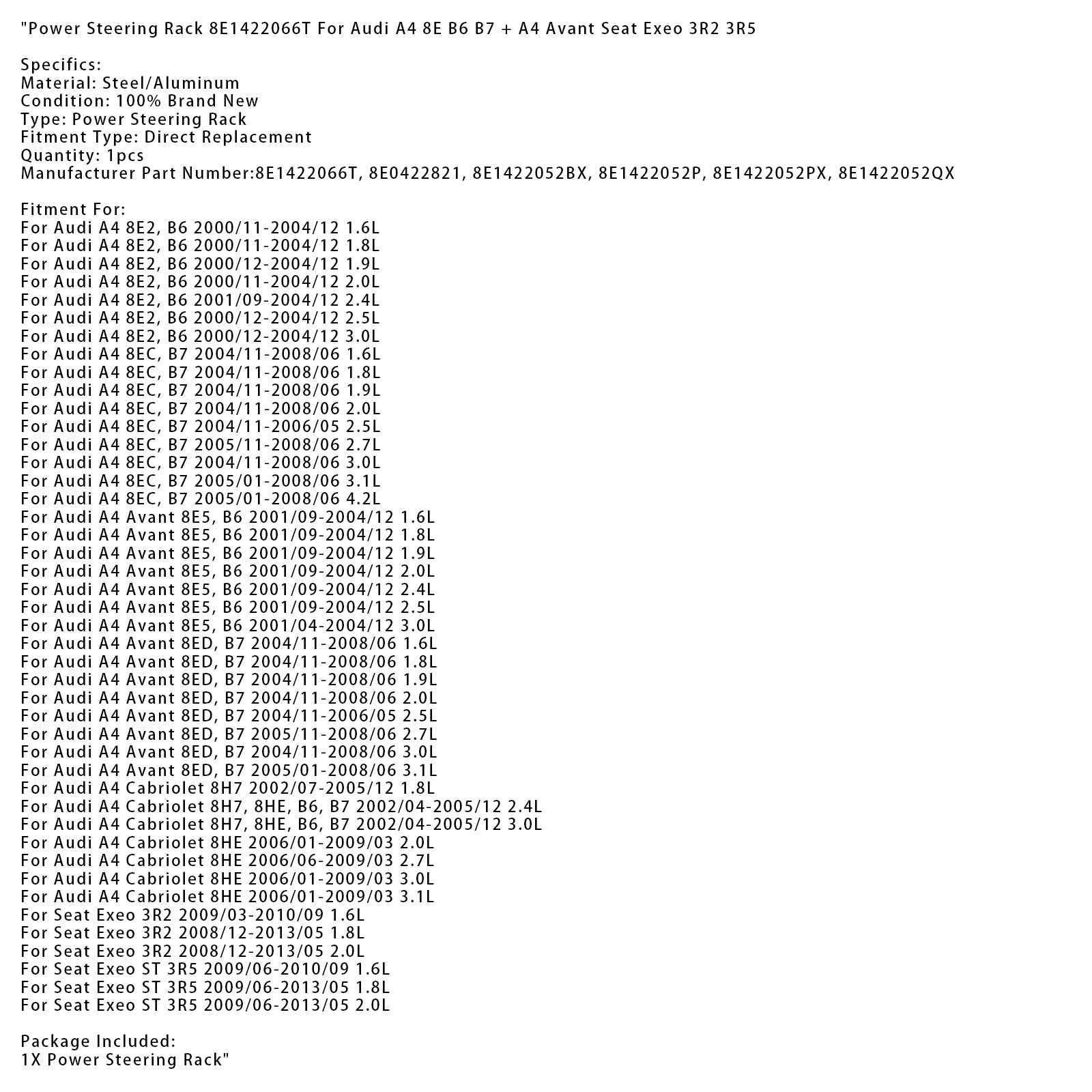 2006/06-2009/03 Audi A4 Cabriolet 8HE 2.7L Cremallera de dirección asistida 8E1422066T 8E0422821