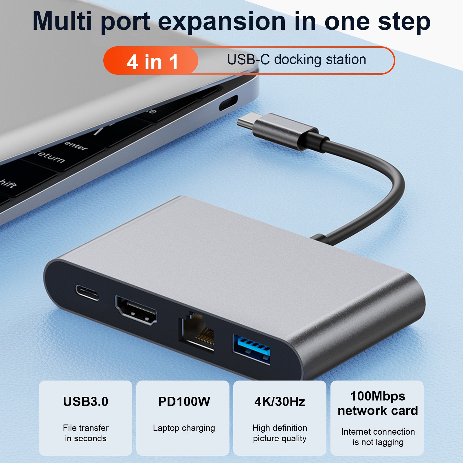 4 I 1 Docking Station Type-C til RJ45 100M HDMI USB3.0 PD-grensesnitt for MacBook