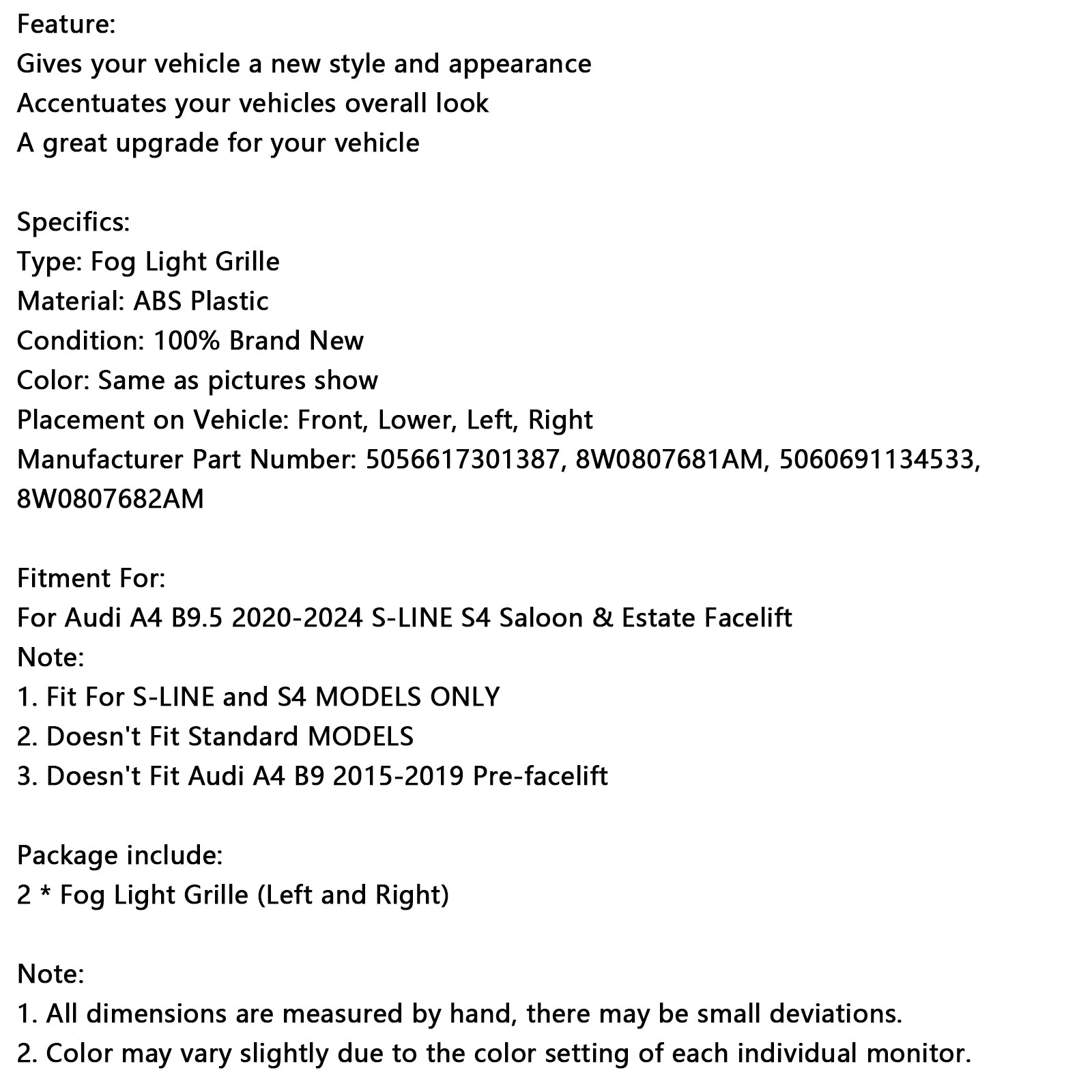 2020-2024 Audi A4 B9.5 S-Line Silver främre stötfångare Nedre dimgallerskydd