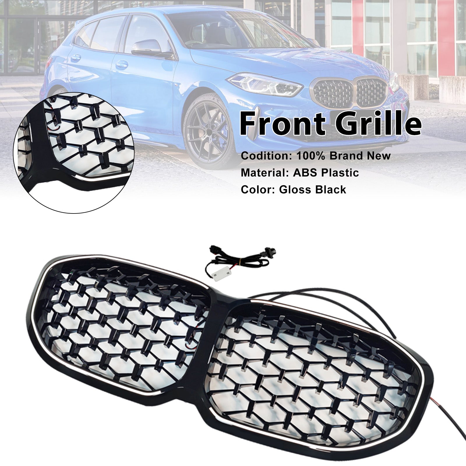 Diamond Front Kidney Grill Grille Fit BMW 1 Series F40 2019-2024 Gloss Black