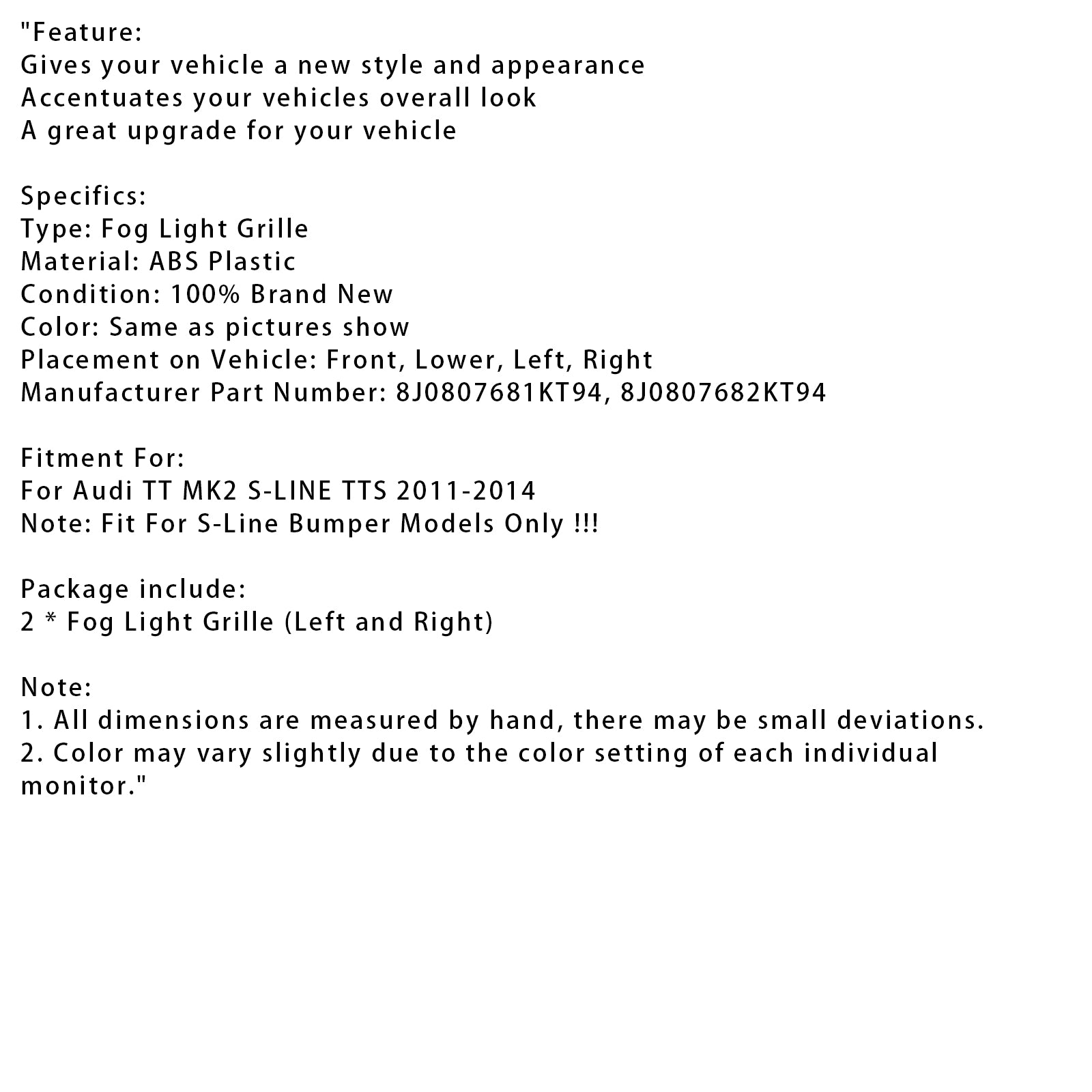 2011-2014 Audi TT MK2 S-Line TTS Honeycomb Front Bumper Fog Light Grille