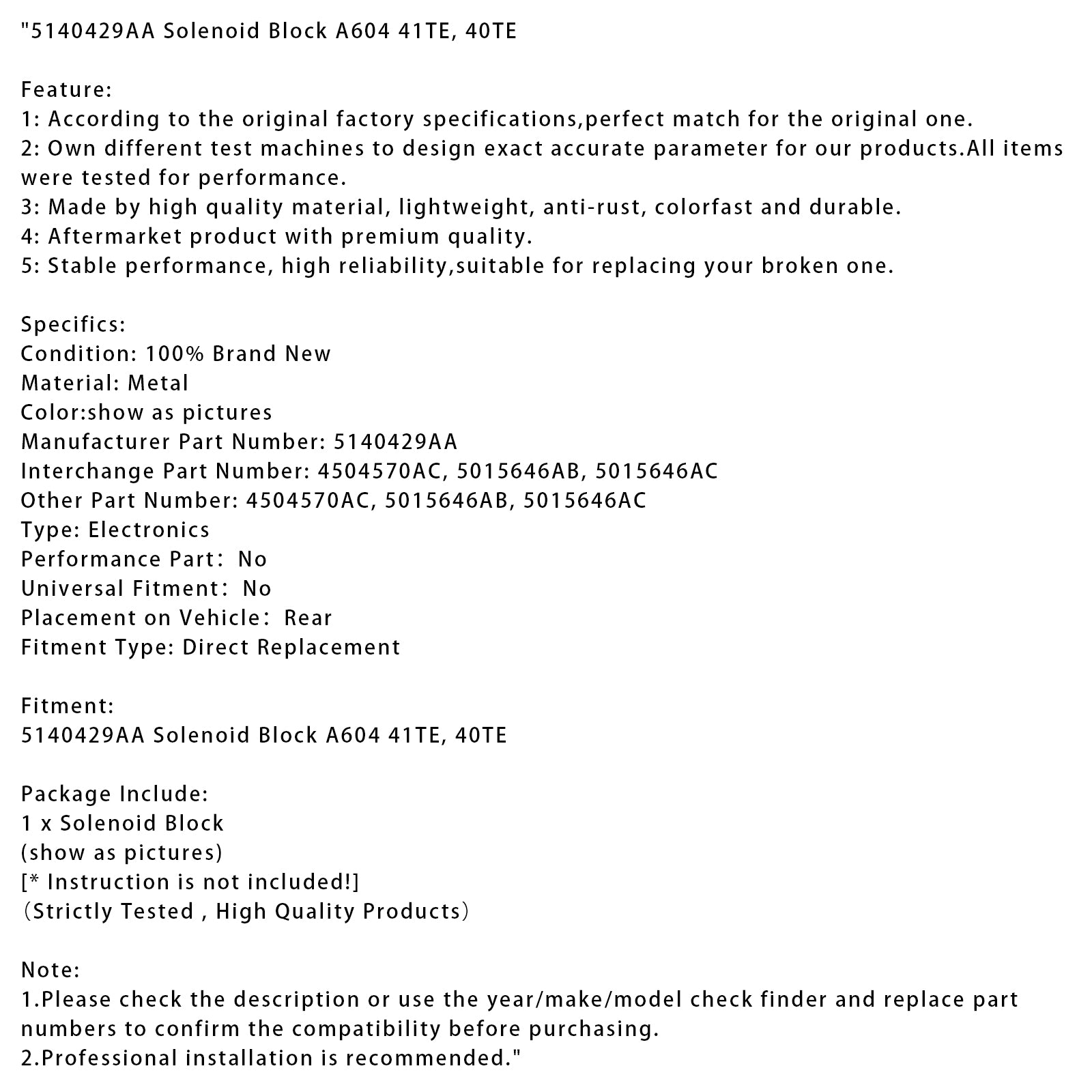 5140429AA Solenoid Block A604 41TE 40TE