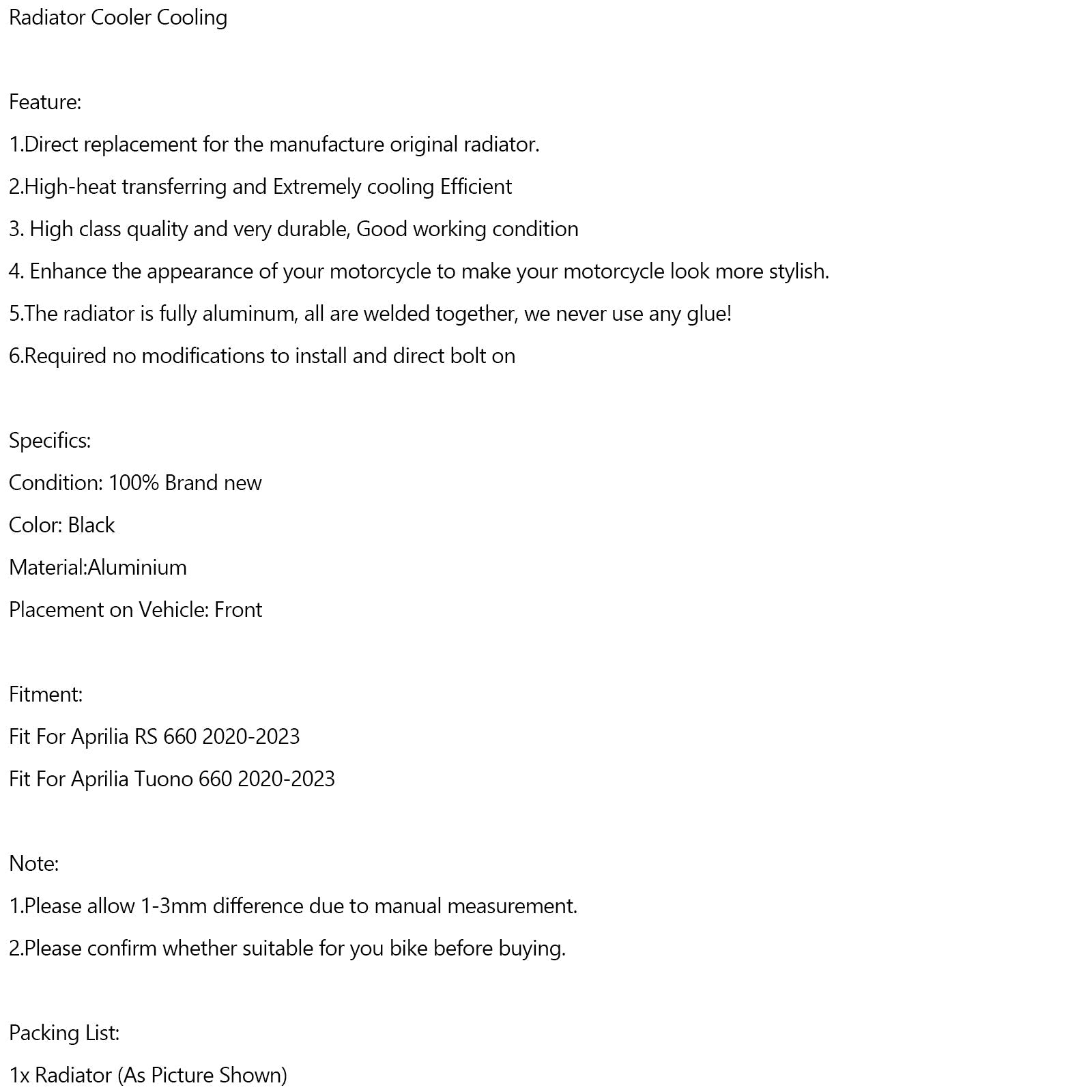 2020 2021 2022 2023 Aprilia RS 660 Filtration de refroidissement du radiateur en aluminium Radiateur