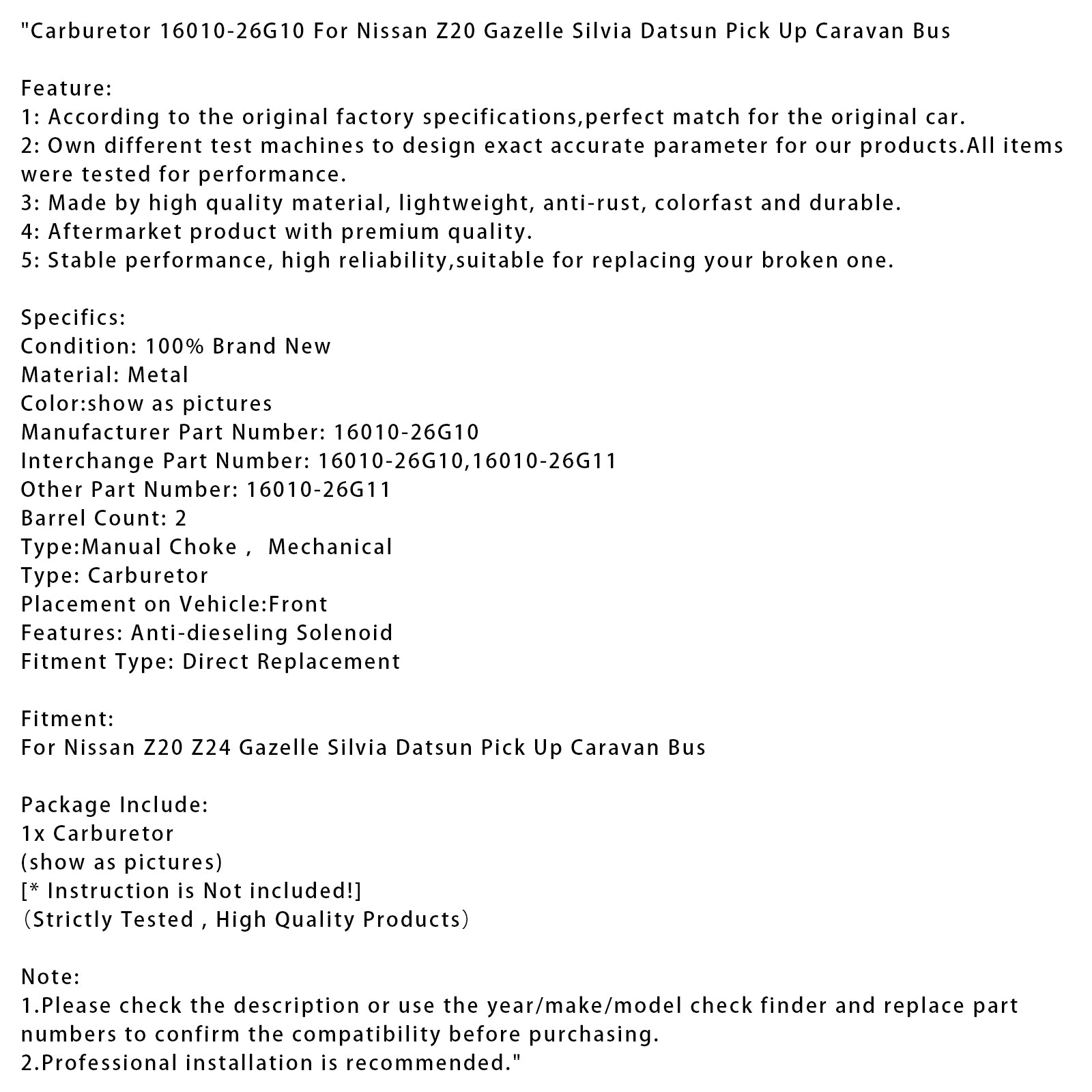Nissan Z20 Gazelle Silvia Datsun Pick Up Caravan Bus Carburador 16010-26G10