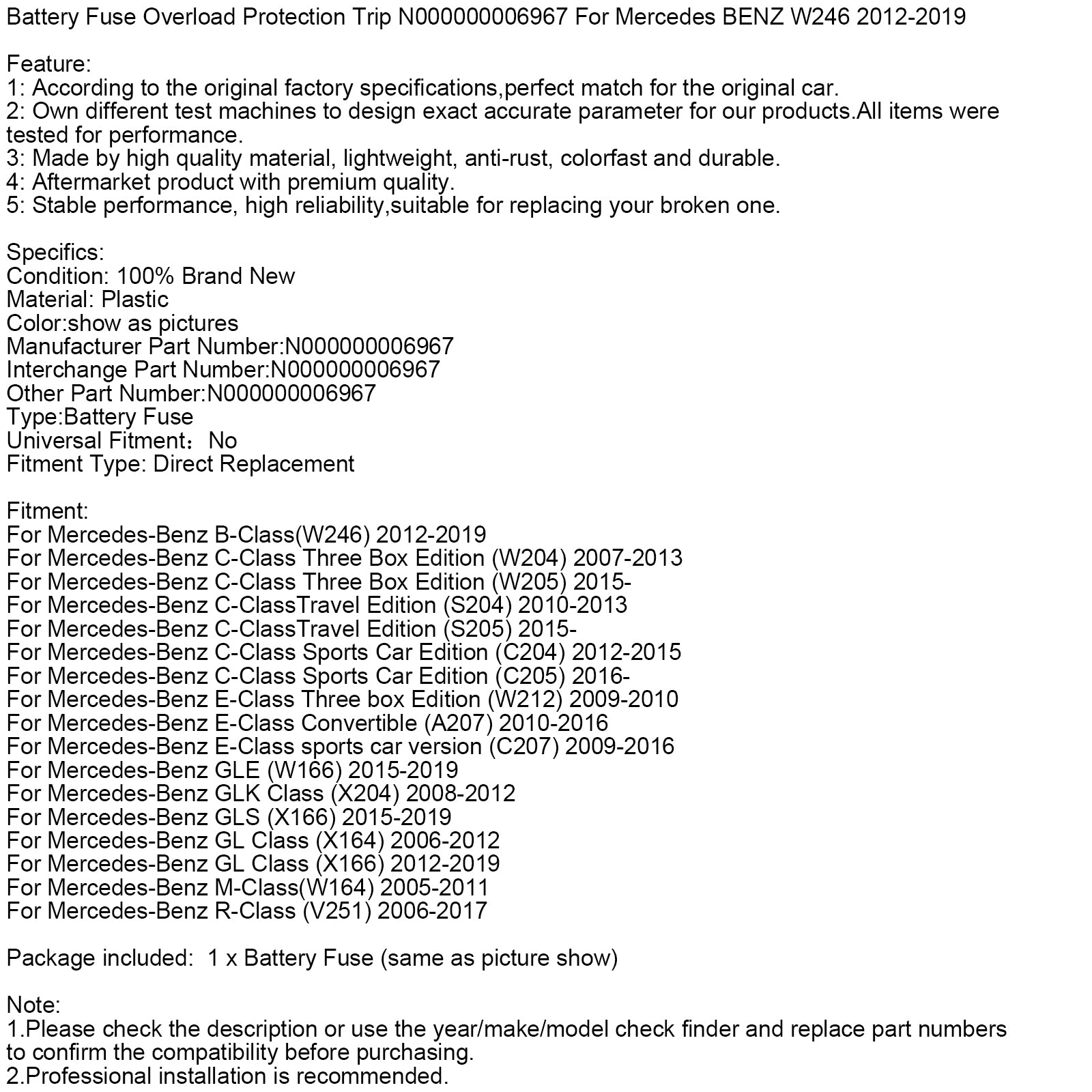 Battery Fuse Overload Protection Trip N000000006967 For Mercedes W246 12-19