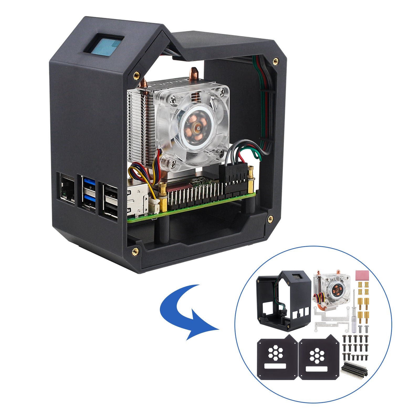 Raspberry Pi 5 Vertikal Tower Fan Set med 0,96 tum OLED SCREEN RADIATOR SCAL