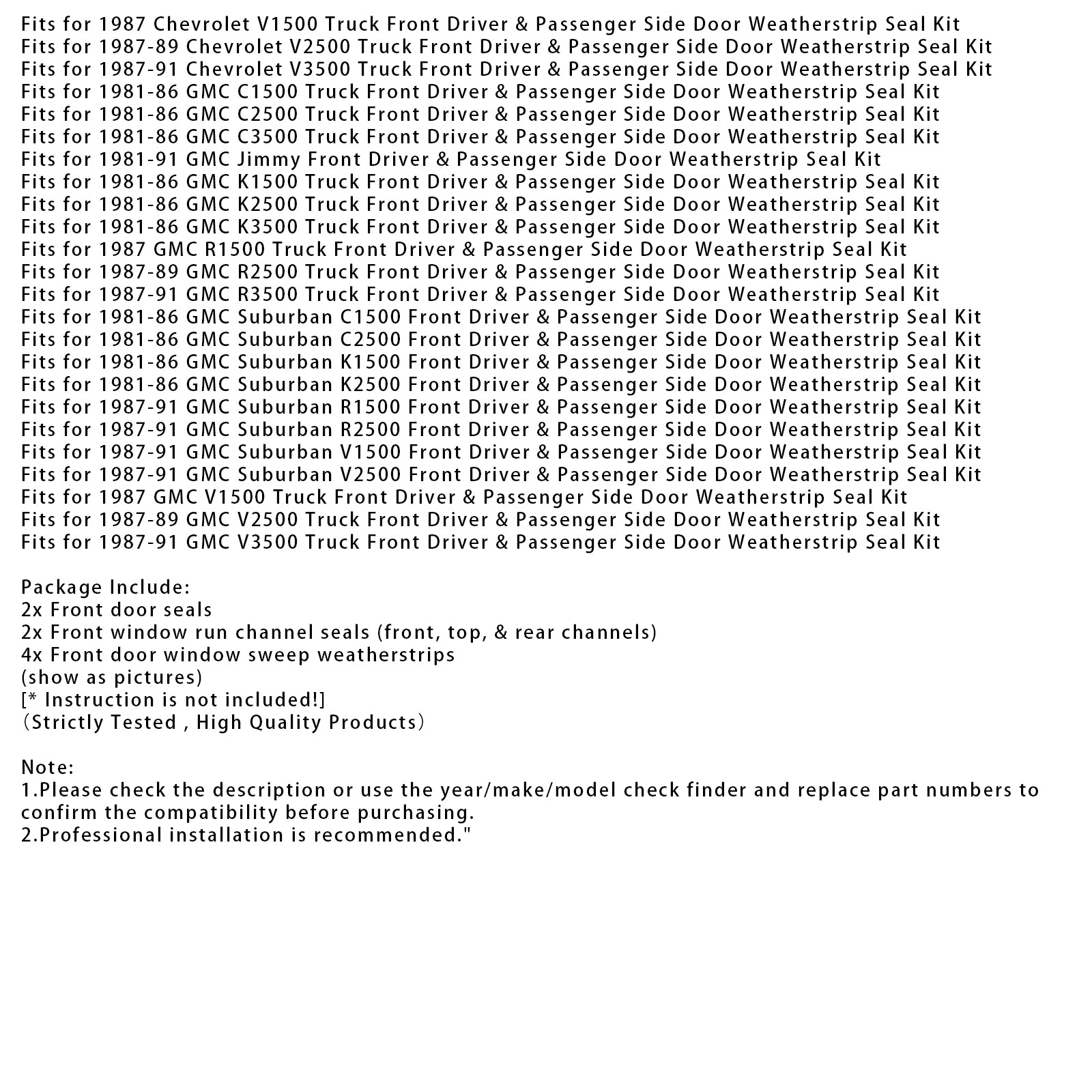 Door Window Weatherstrip Seals Set Kit For Chevy GMC C10 K10 1982-1991