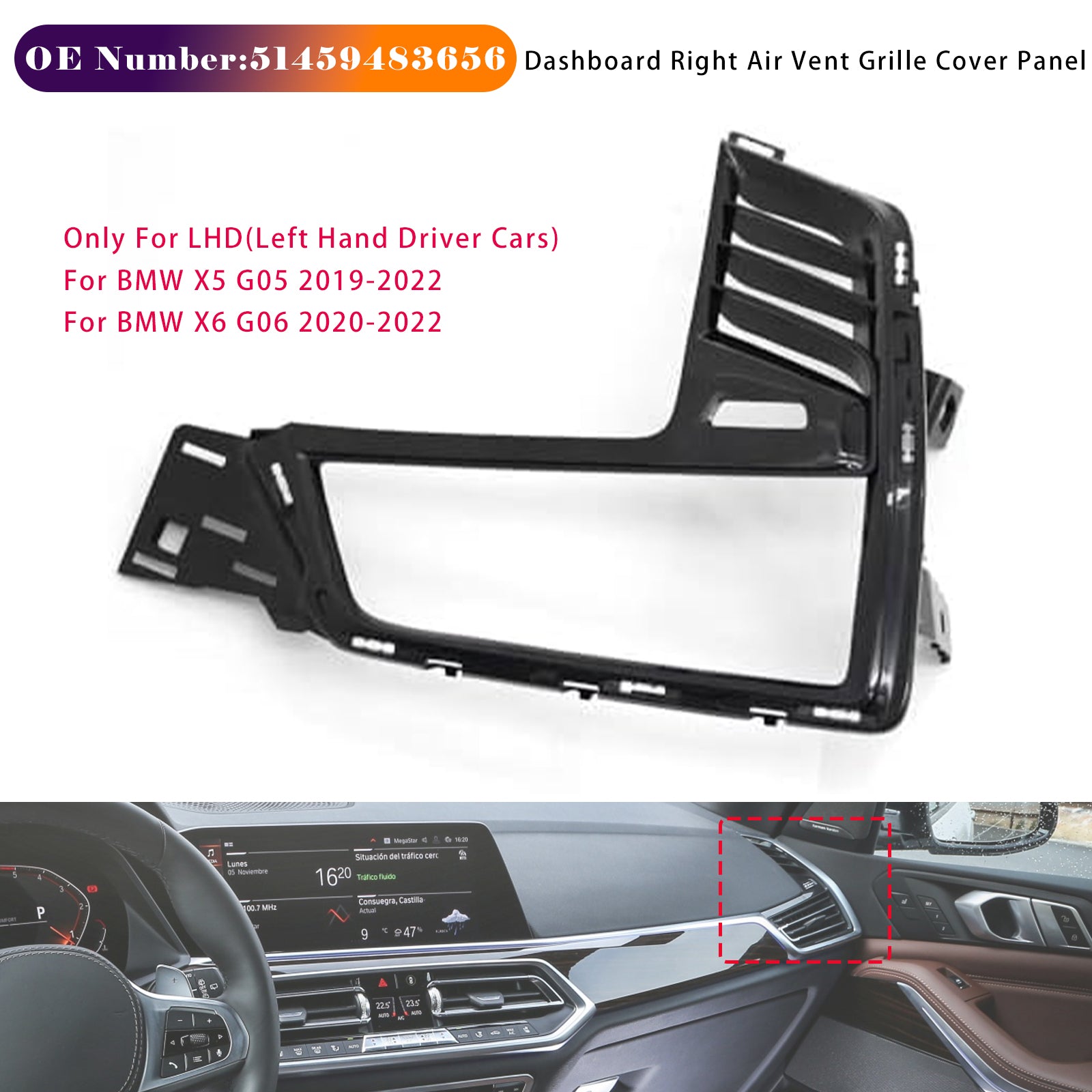 Dashboard Right Air Vent Grille Cover Panel 51459483656 For BMW X5 X6 2019-2022
