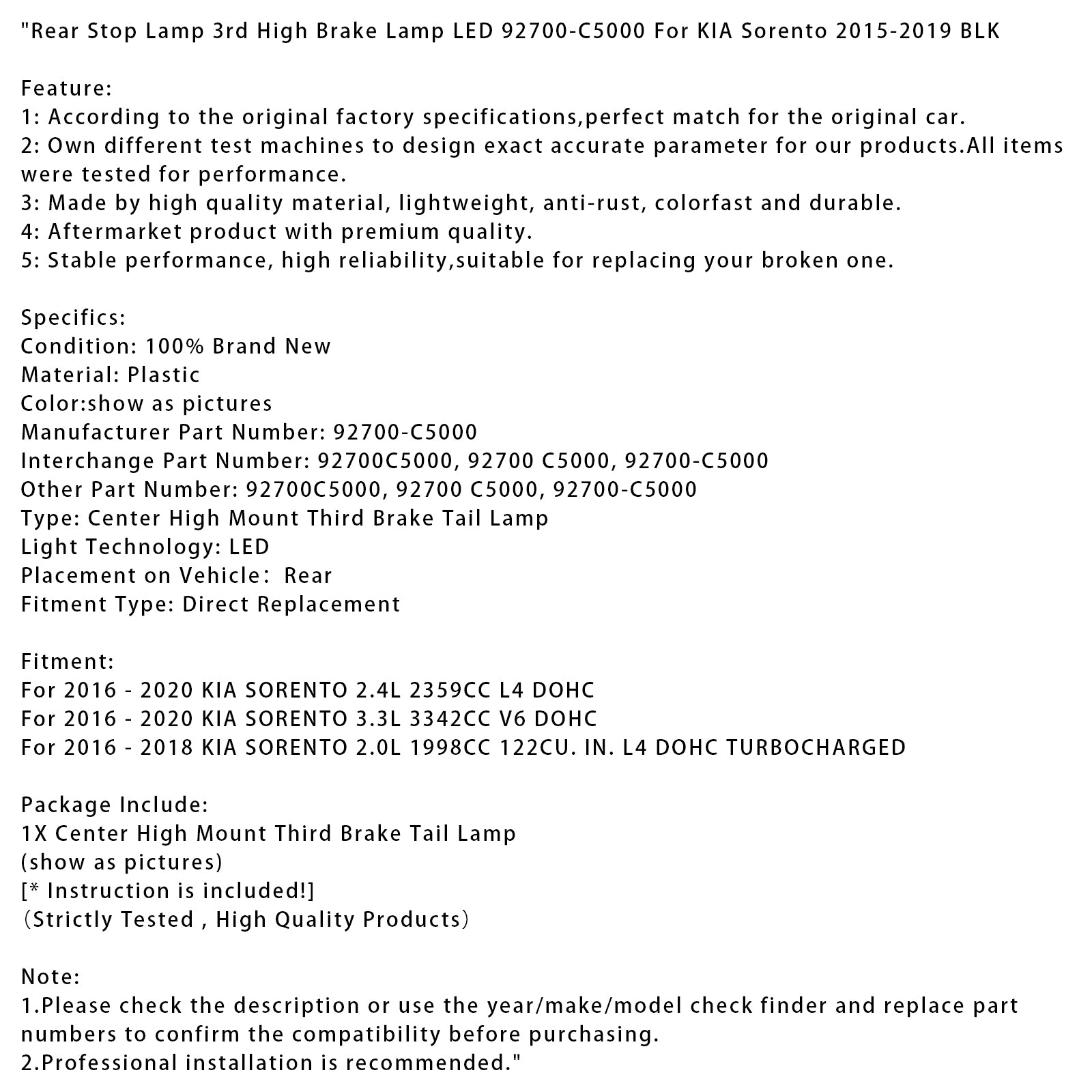 2015-2019 KIA Sorento Lámpara de freno trasera Tercera lámpara de freno alto LED 92700-C5000 BLK