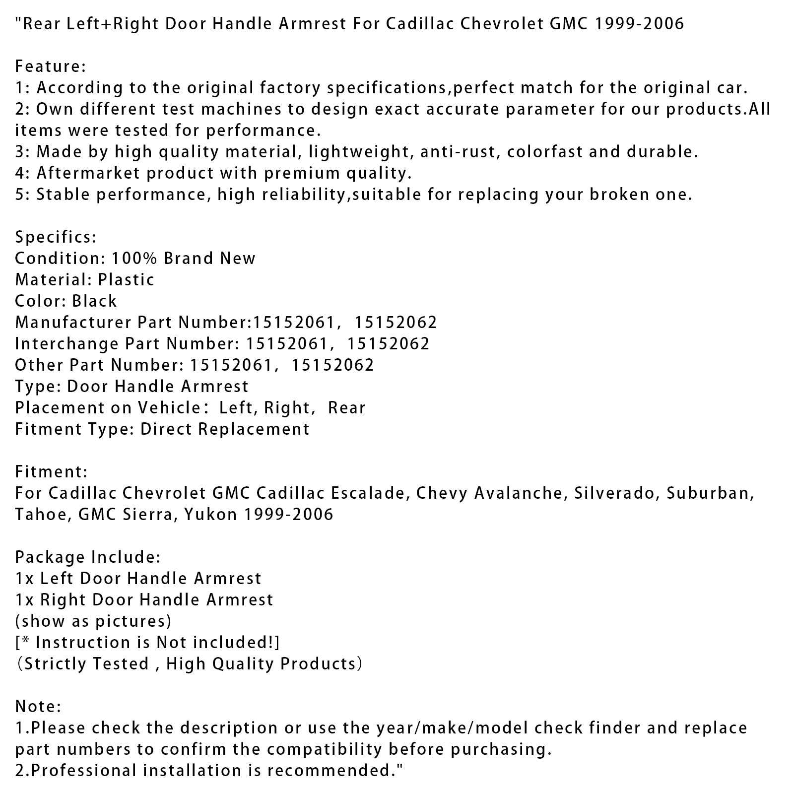 Armsteun links + rechts achter deurklink voor Cadillac Chevrolet GMC 1999-2006