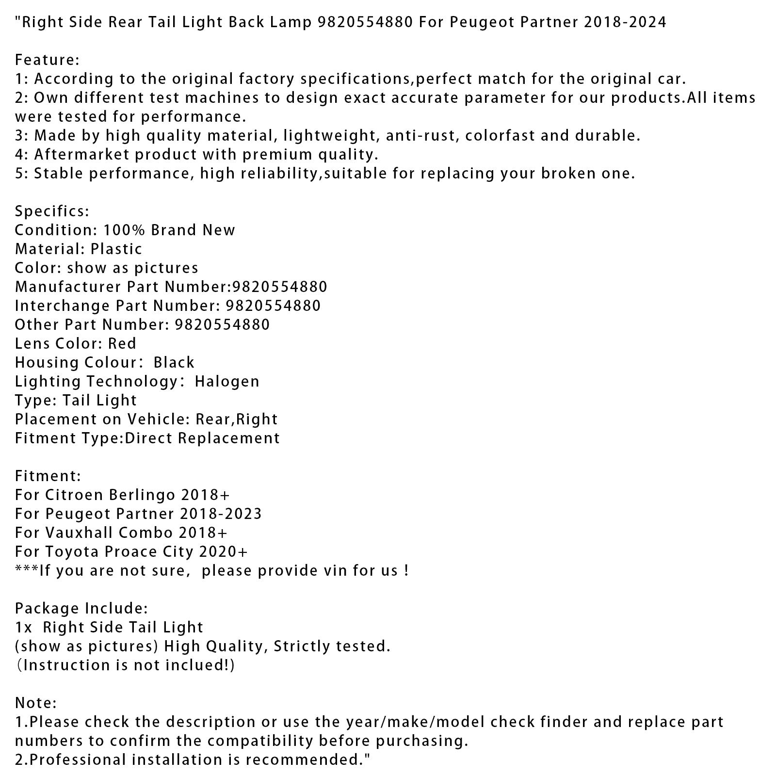 Pravá strana zadného zadného svetla zadná žiarovka 9820554880 pre partner Peugeot 2018-2024