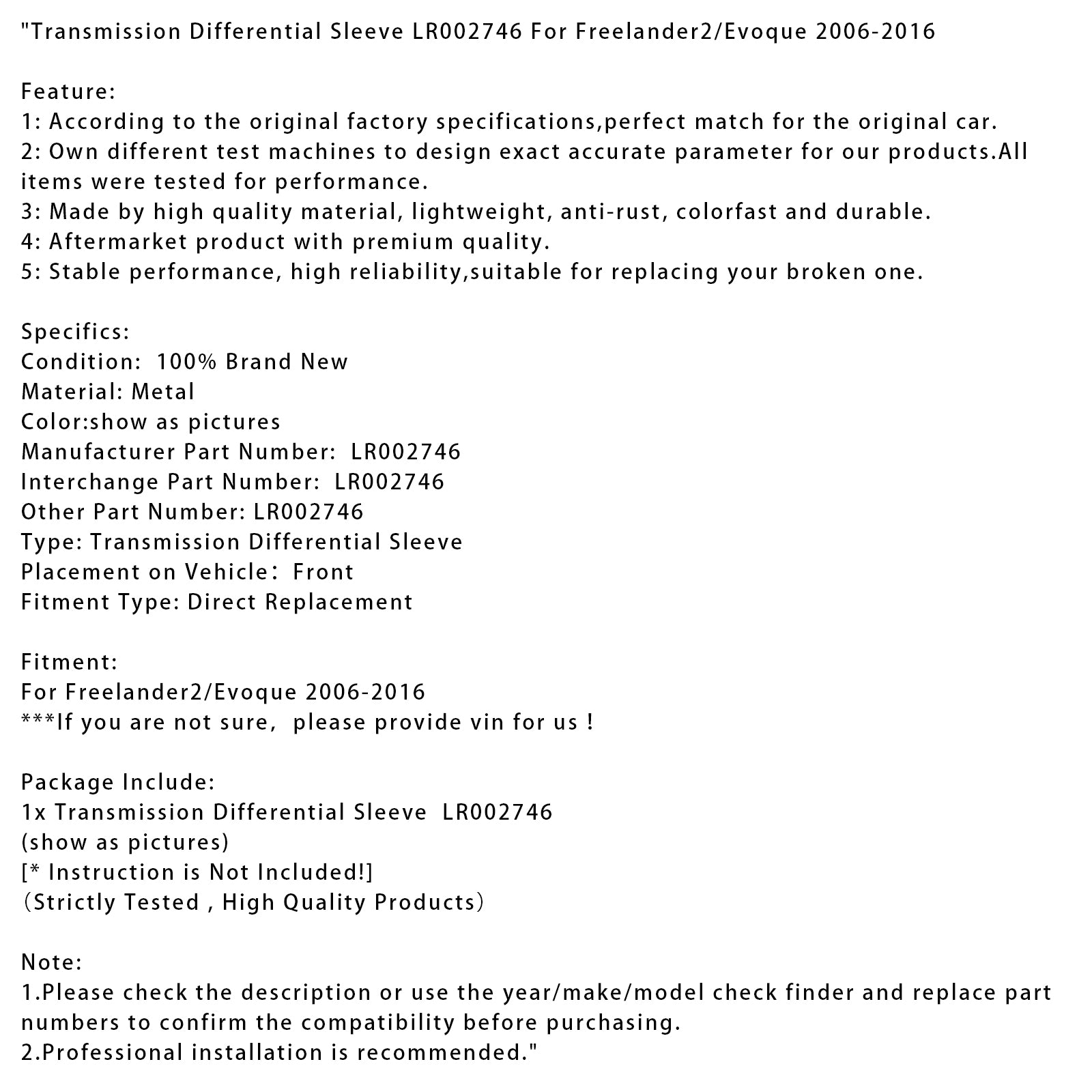 Sleeve différentiel de transmission LR002746 pour Freelander2/Evoque 2006-2016