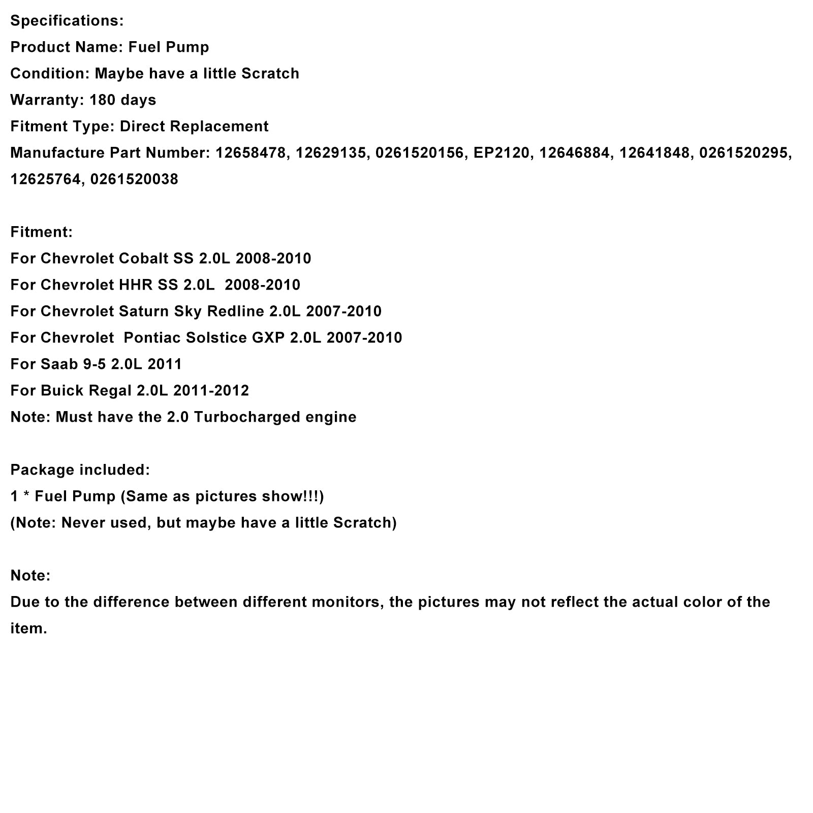 High Pressure Fuel Pump 12658478 Fit Chevy Cobalt SS 2.0L 2008-2010 12629135