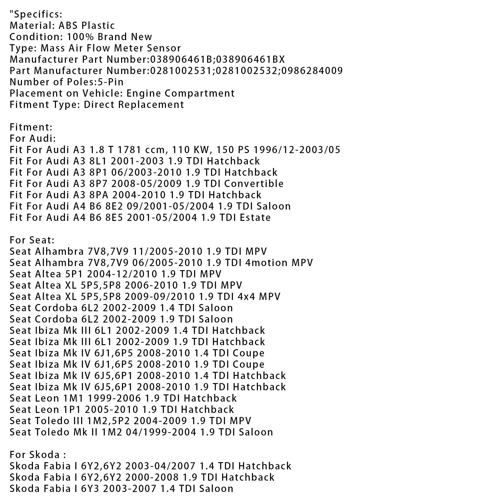 Luchtmassameter Sensor Voor Audi A3 VW Golf Octavia 1.9 TDI 0281002531