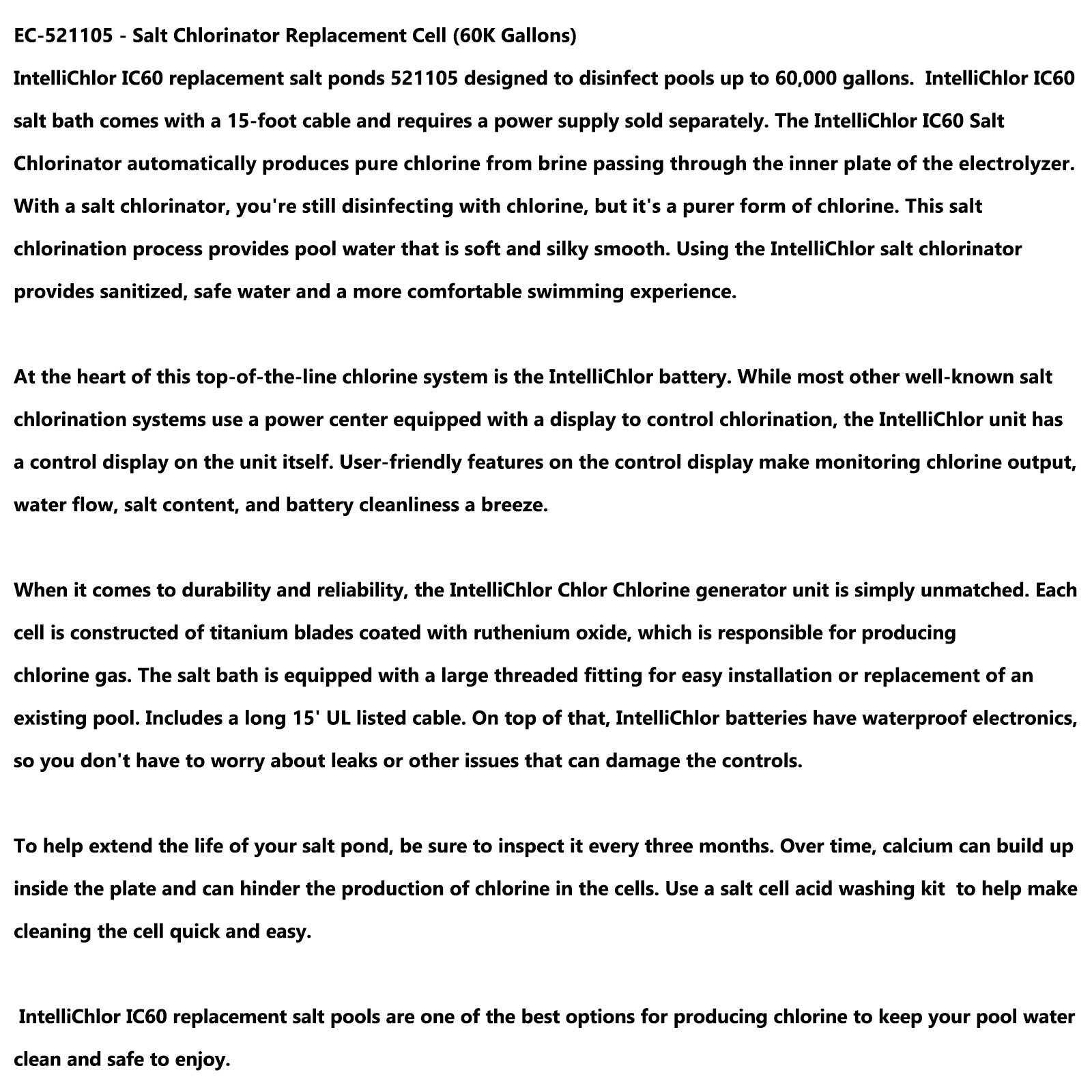 EC-521105 IC60 zoutcel-chloorgenerator vervangende zoutcelsystemen
