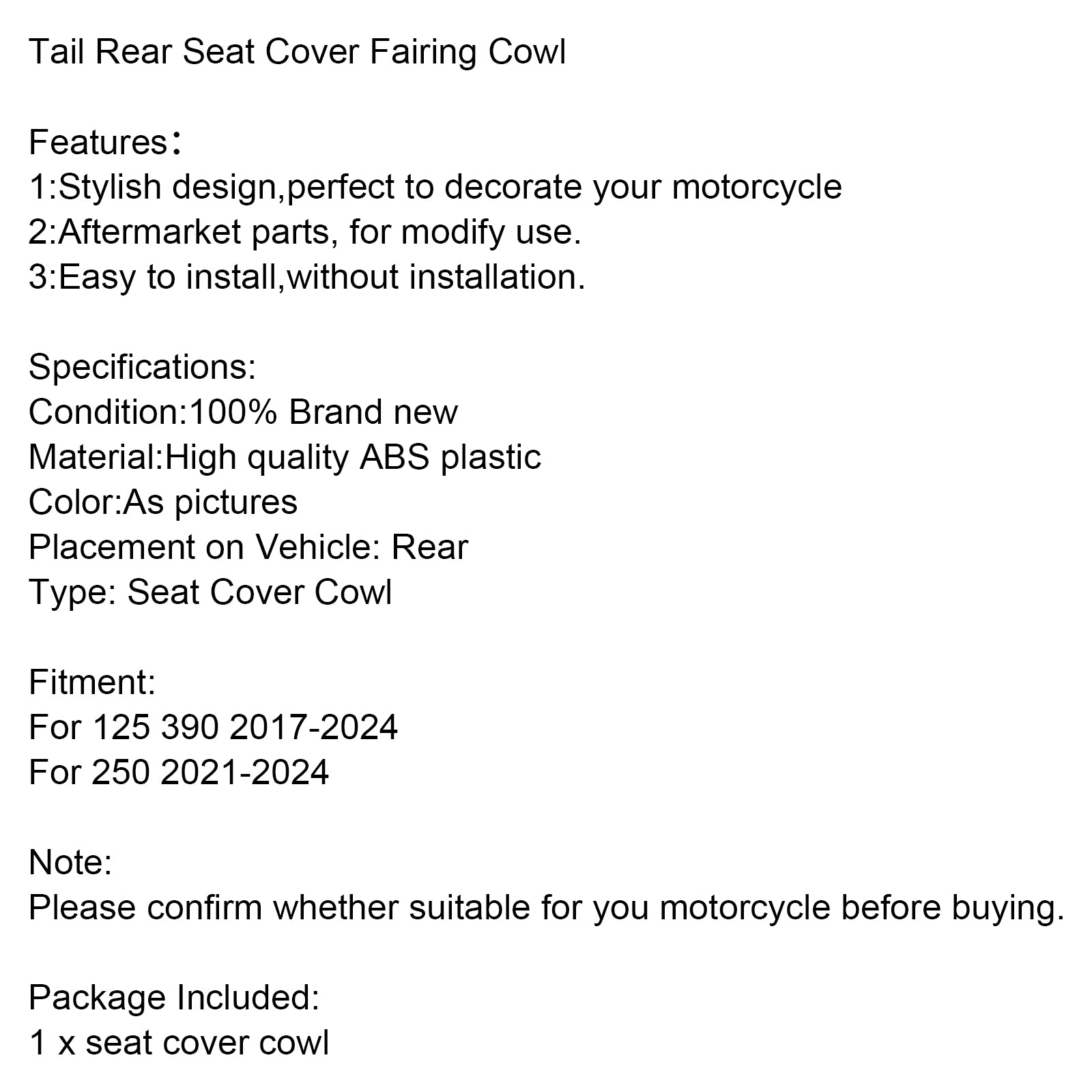 2017-2024 125 250 390 haler baksete deksel Fairing Cowl