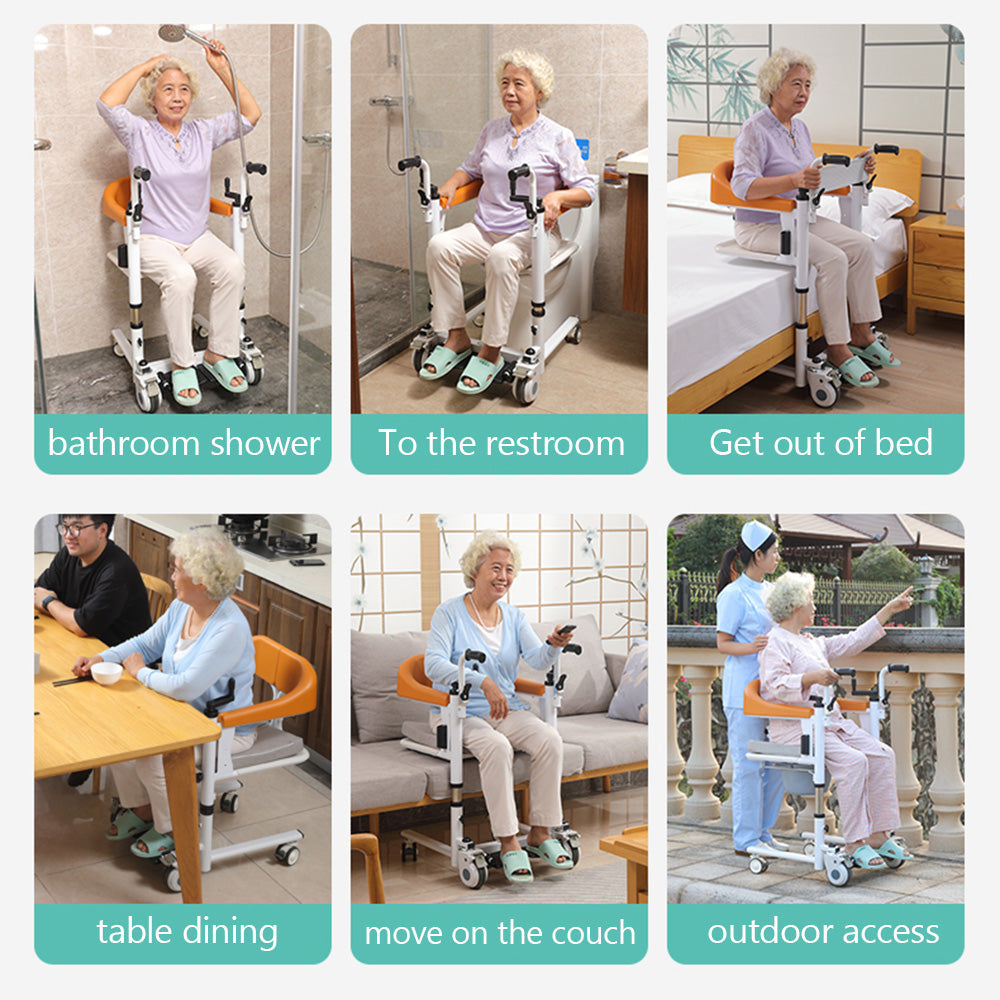 Silla de ruedas para discapacitados con elevación de transferencia de pacientes mayores con asiento dividido de 180° y cuña