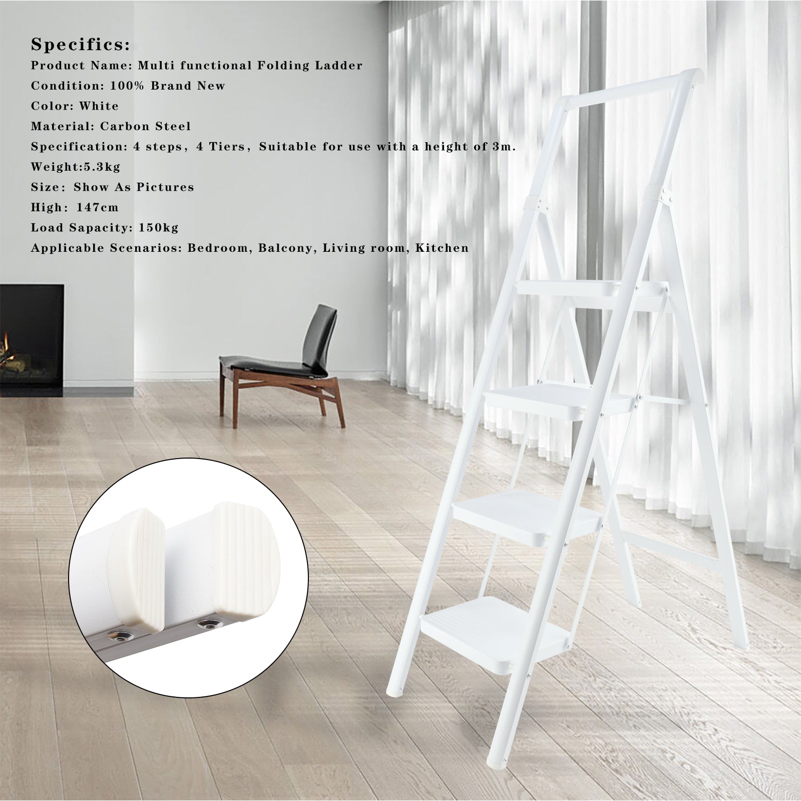 4-traps ladder, opvouwbare opstapjes voor volwassenen, antislippedaal, lichtgewicht