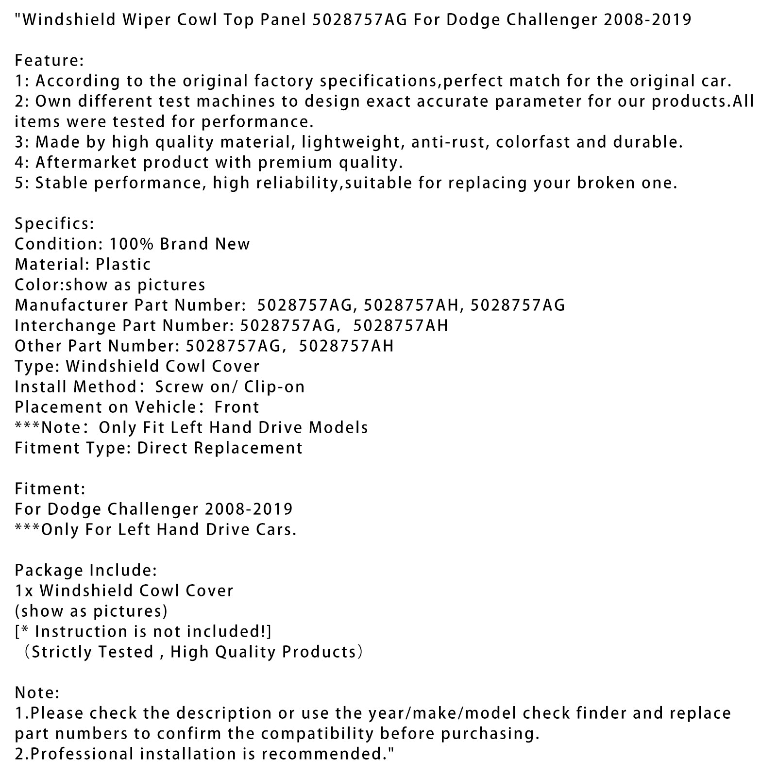 2008-2019 Dodge Challenger Windshield Wiper Cowl Top Panel 5028757ag