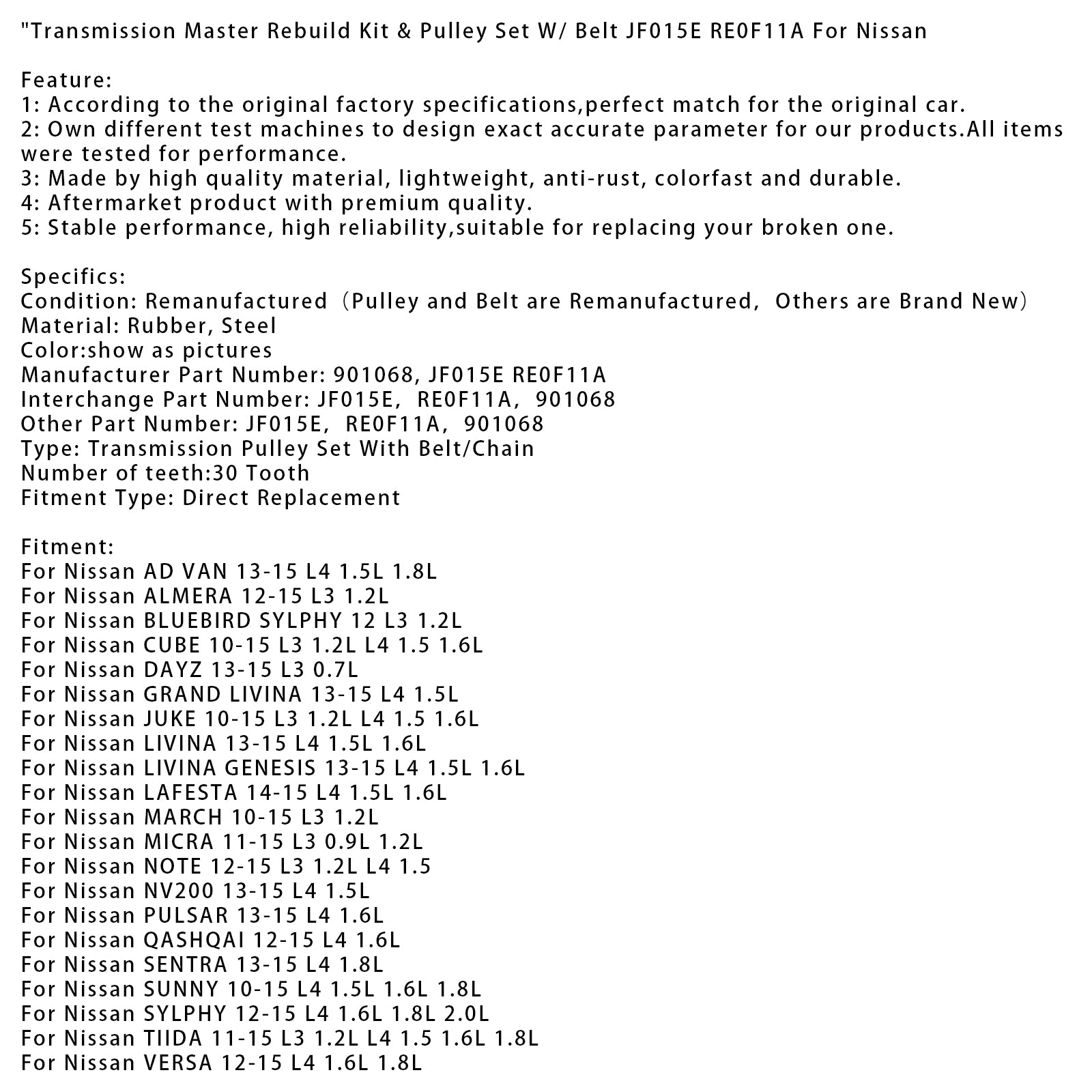 2012-2015 Nissan QASHQAI L4 1.6L transmissiemaster-revisieset & Katrolset met riem JF015E RE0F11A
