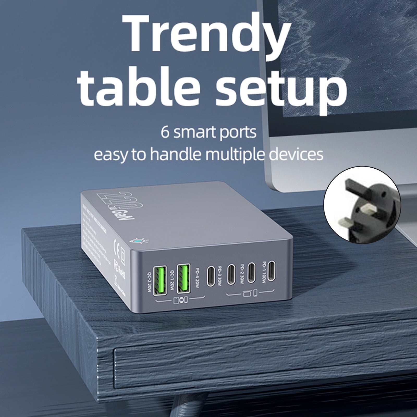 F8A ladestasjon USB 6-port hurtiglader PD100W ladestativ Smart lader