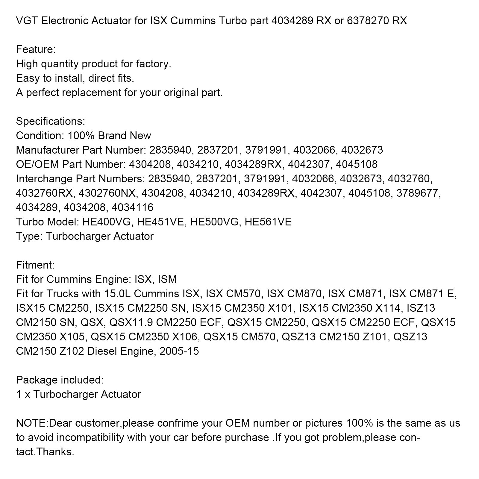 VGT Electronic Actuator Fit for Cummins ISX Turbo Part 4034289 RX eller 6378270 RX