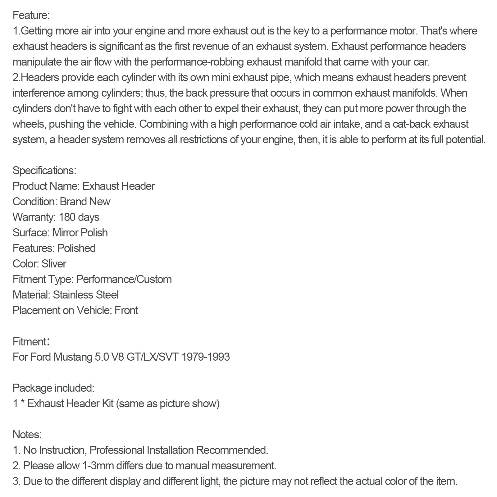 Hlavičky výfukového potrubia z nehrdzavejúcej ocele Fit Mustang 5.0 V8 GT/LX/SVT 1979-1993