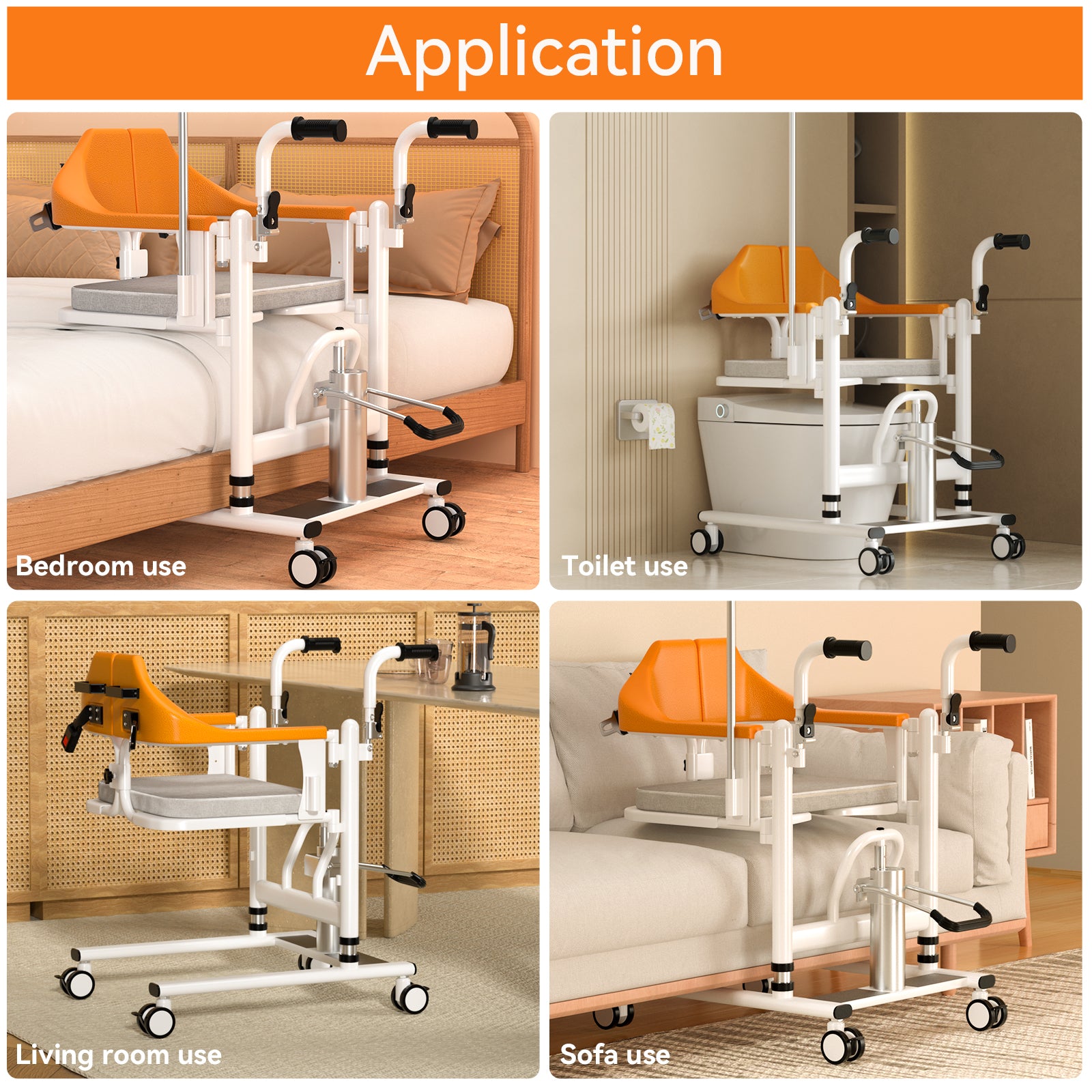 Bredda patientstol hydraulisk överföringslyft rullstol 180 ° delad säte