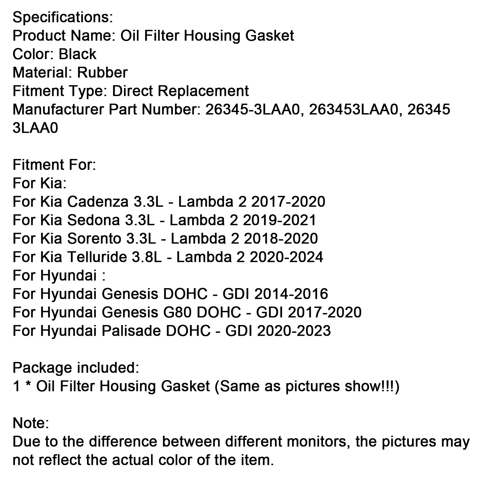 Tesnenie krytu motorového filtra 26345-3LAA0 Fit Kia Sorento 3.3L 2018-2020