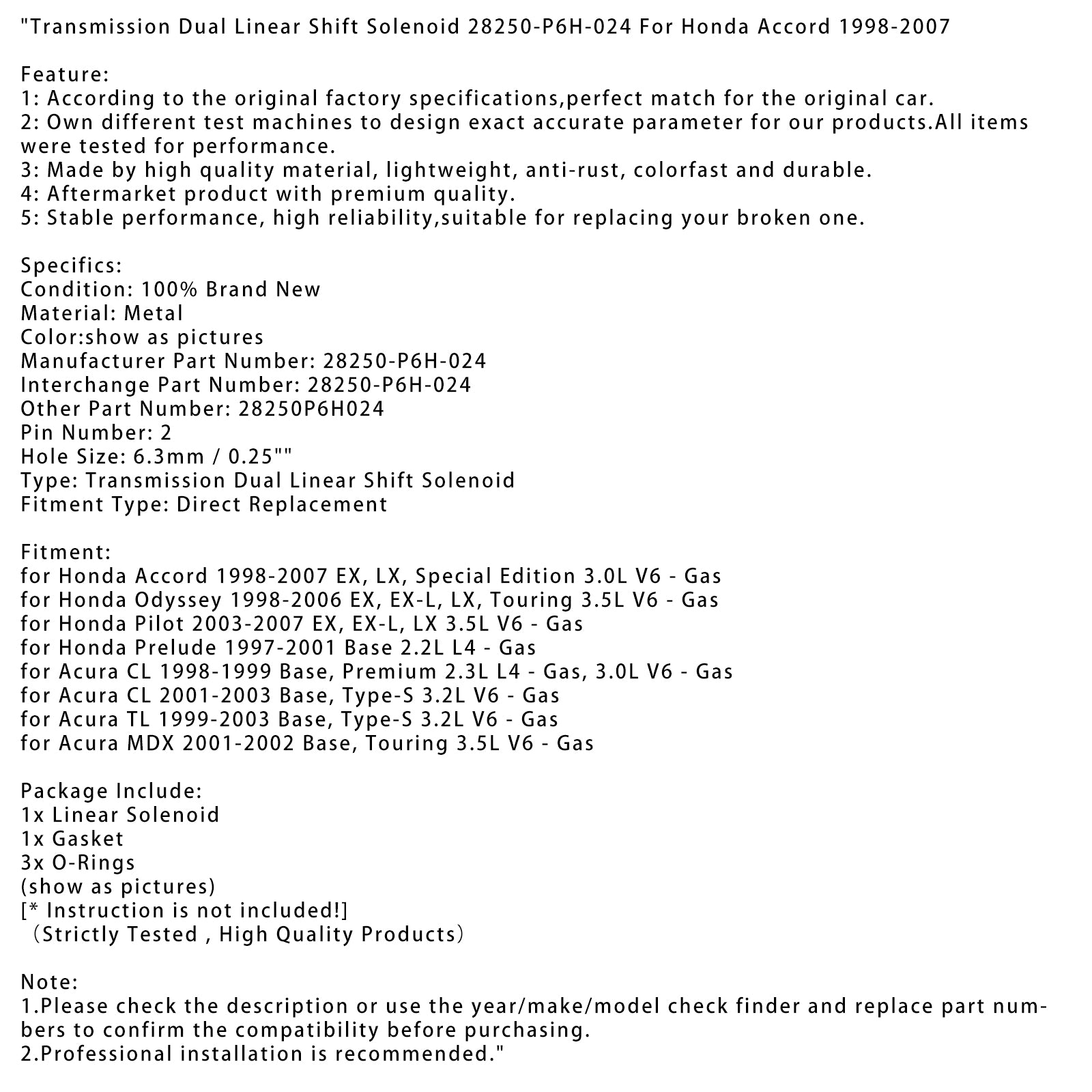 1998-1999 Acura CL Base Premium 2.3L L4 Transmission Dual Linear Shift Solenoid 28250-P6H-024