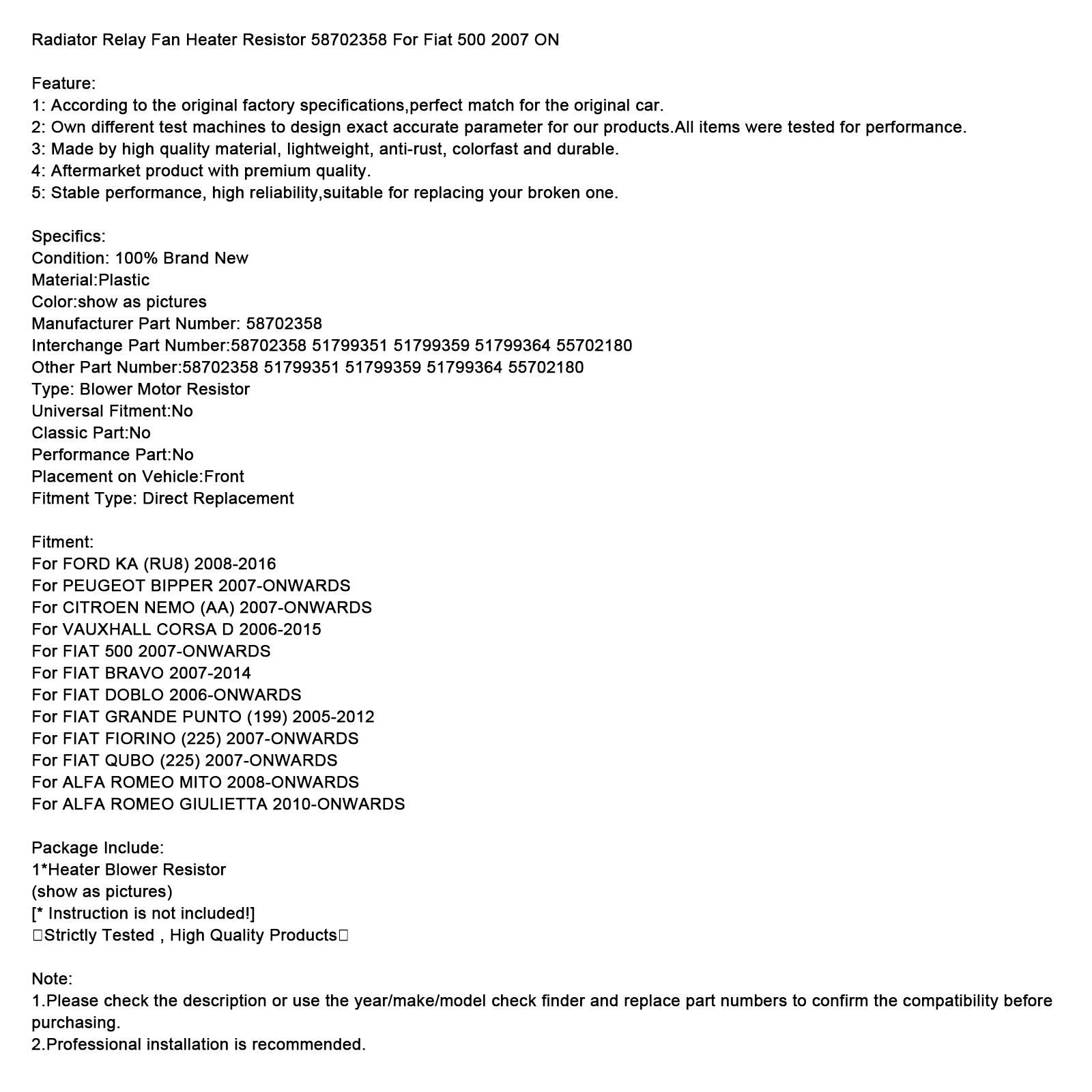 Radiatorrelais Fan Heater Weerstand 58702358 Voor Fiat 500 2007 OP