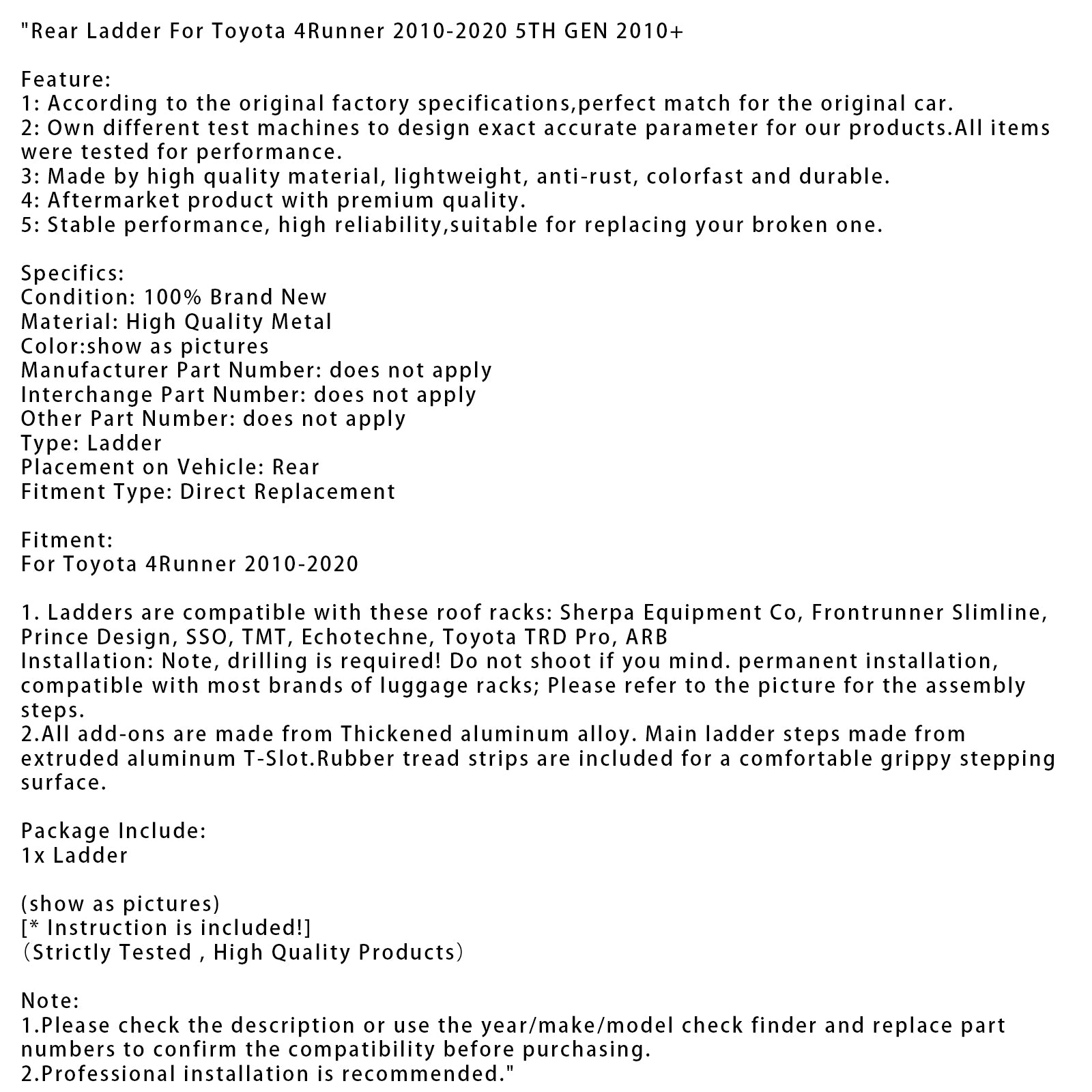 Échelle de hayon arrière pour Toyota 4Runner 2010-2020 5TH GEN 2010+