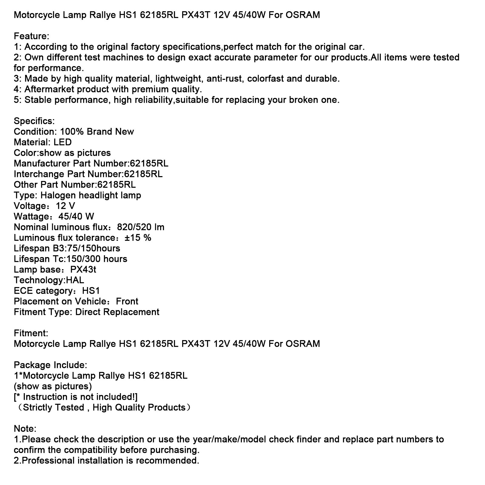 Lâmpada de motocicleta Rallye HS1 62185RL PX43T 12V 45/40W para osram