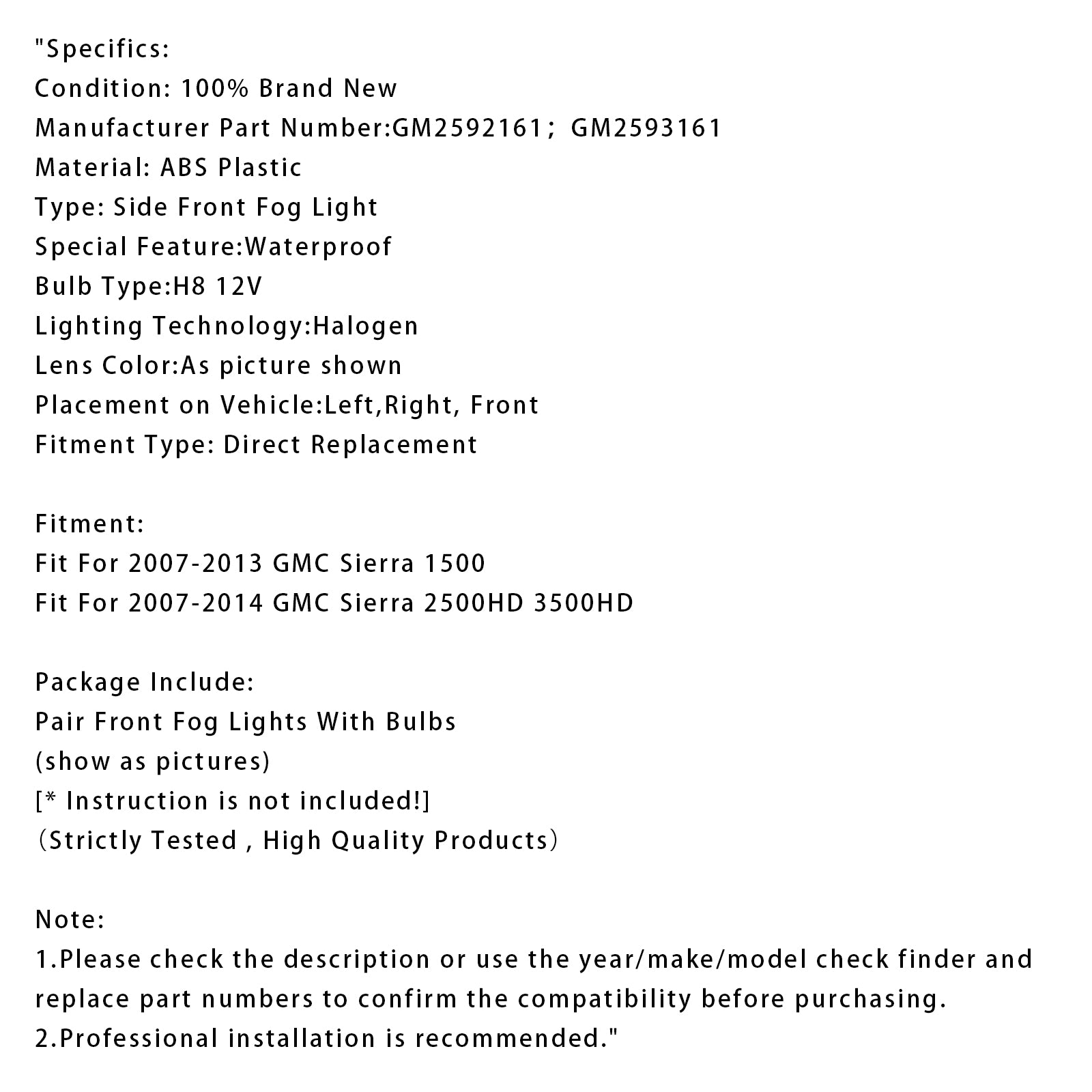 2007-2013 GMC Sierra 1500 par foran tåkelys lamper med pærer