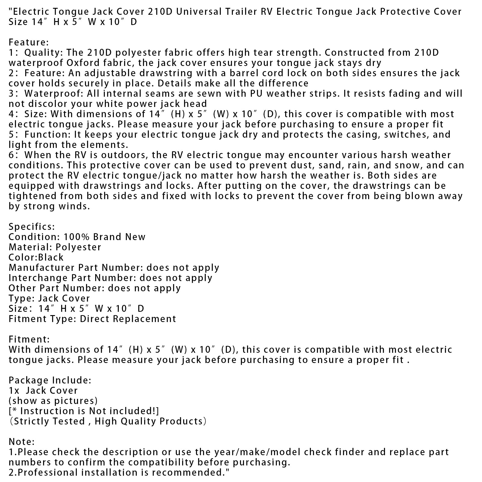 Couverture de cric de langue électrique 210D Universal RV RV Tongue Jack Protection