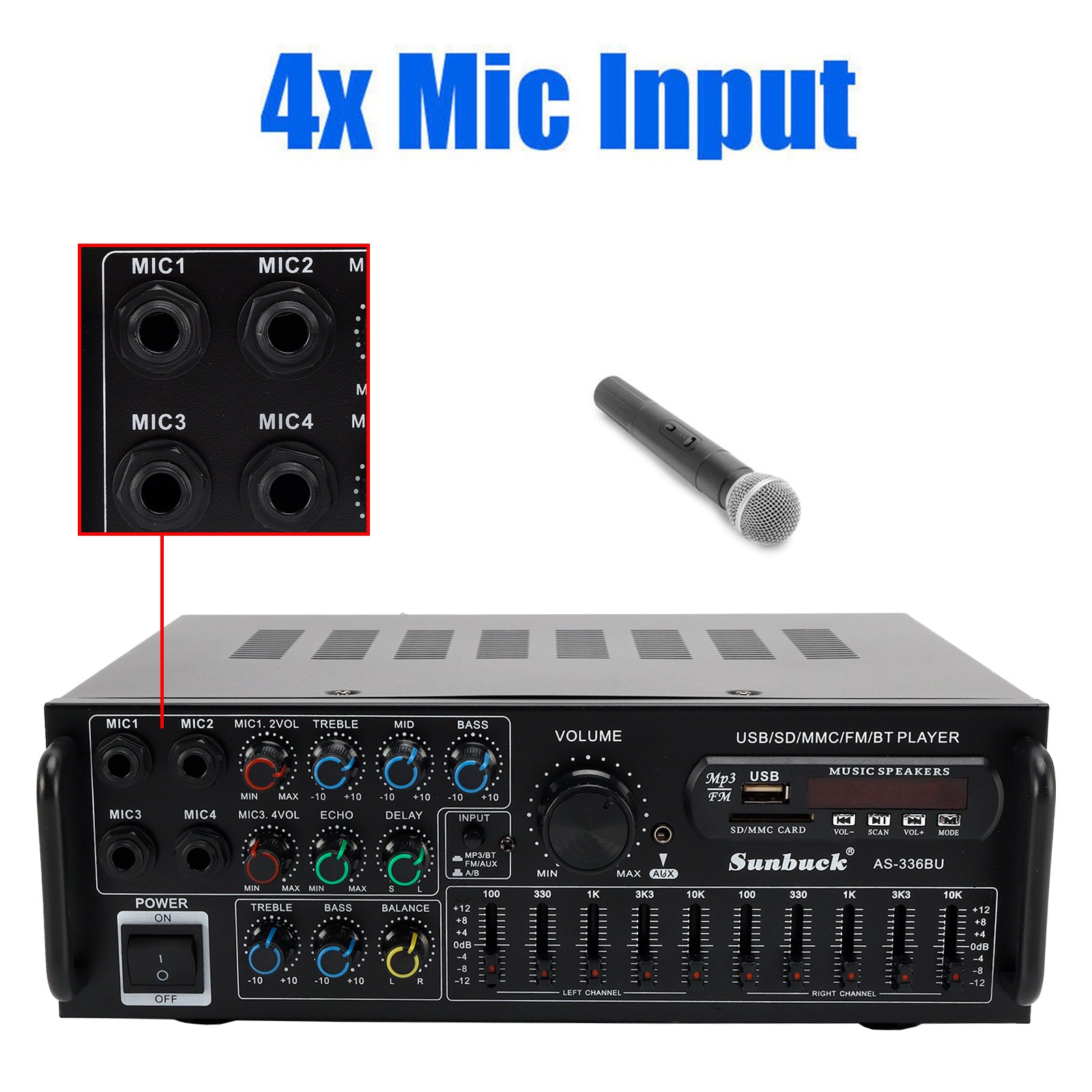 Bluetooth 5.0 HiFi Sunbuck 2000W Stereo Power Amplifier Karaoke FM USB SD AUX