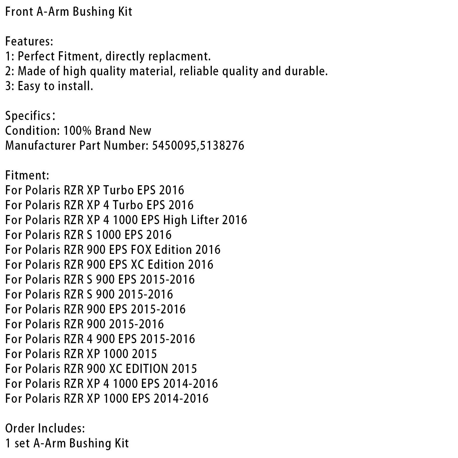 Front Control Arm Bushing Kit For Polaris RZR 900 1000 EPS XP 4 Turbo 14-16 5450095 5138276