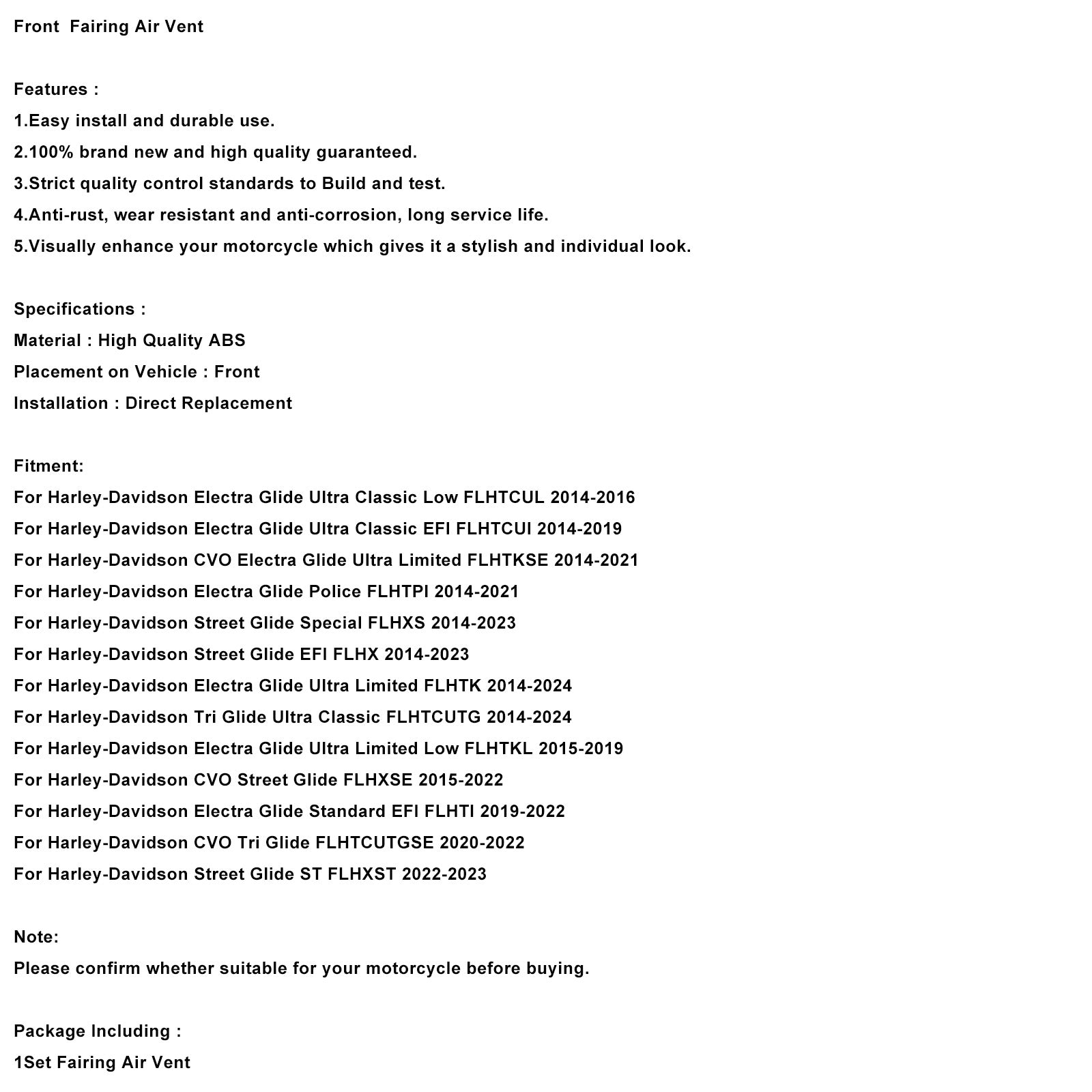 Front Fairing Air Vent Trim For Touring Street Glide Electra Glide 2014-2024